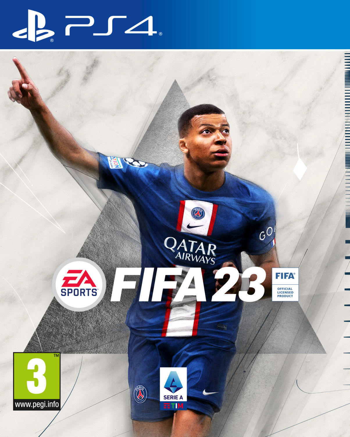 Copertina del gioco FIFA 23. Mbappe è la figura principale. Logo PS4 in alto.