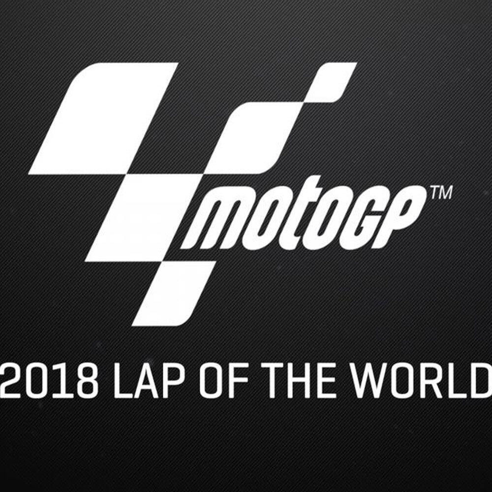Il logo MotoGP su sfondo nero con la scritta '2018 LAP OF THE WORLD'.