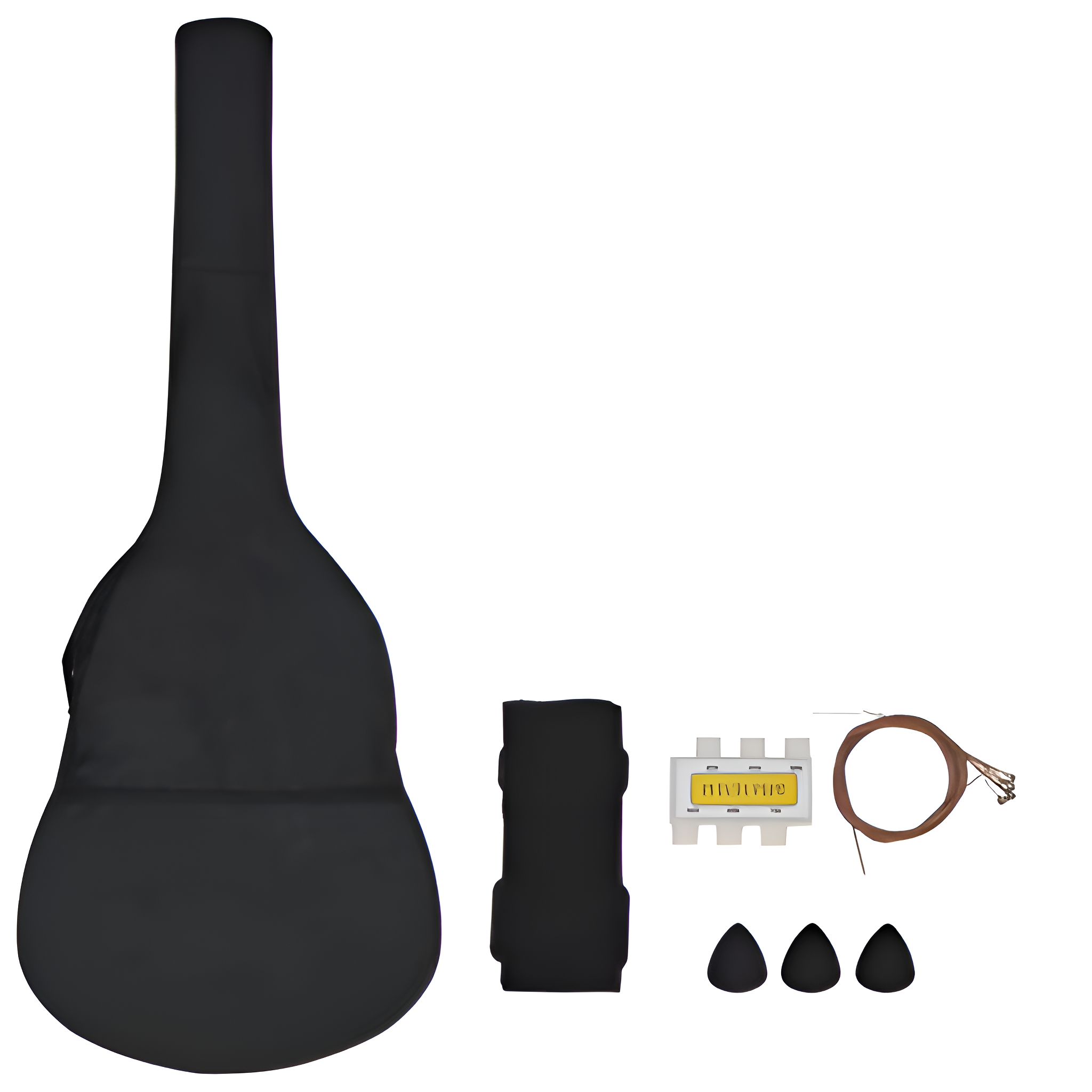 Gitarrenkoffer, Plektrumhalter, Stimmgerät, Saiten und Plektren. Weißer Hintergrund.