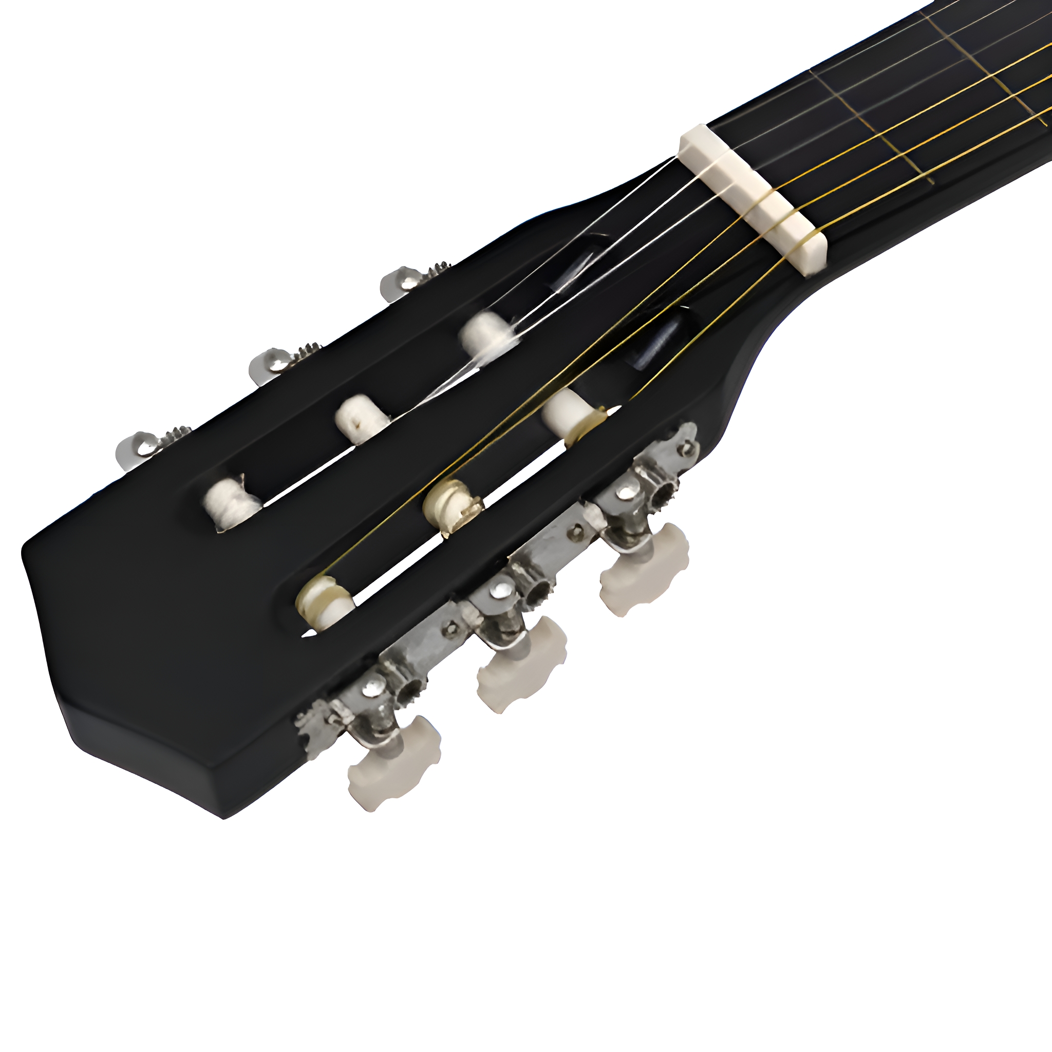 Schwarze Kopfplatte einer klassischen Gitarre mit weißen Stimmwirbeln und Saiten, vor weißem Hintergrund.