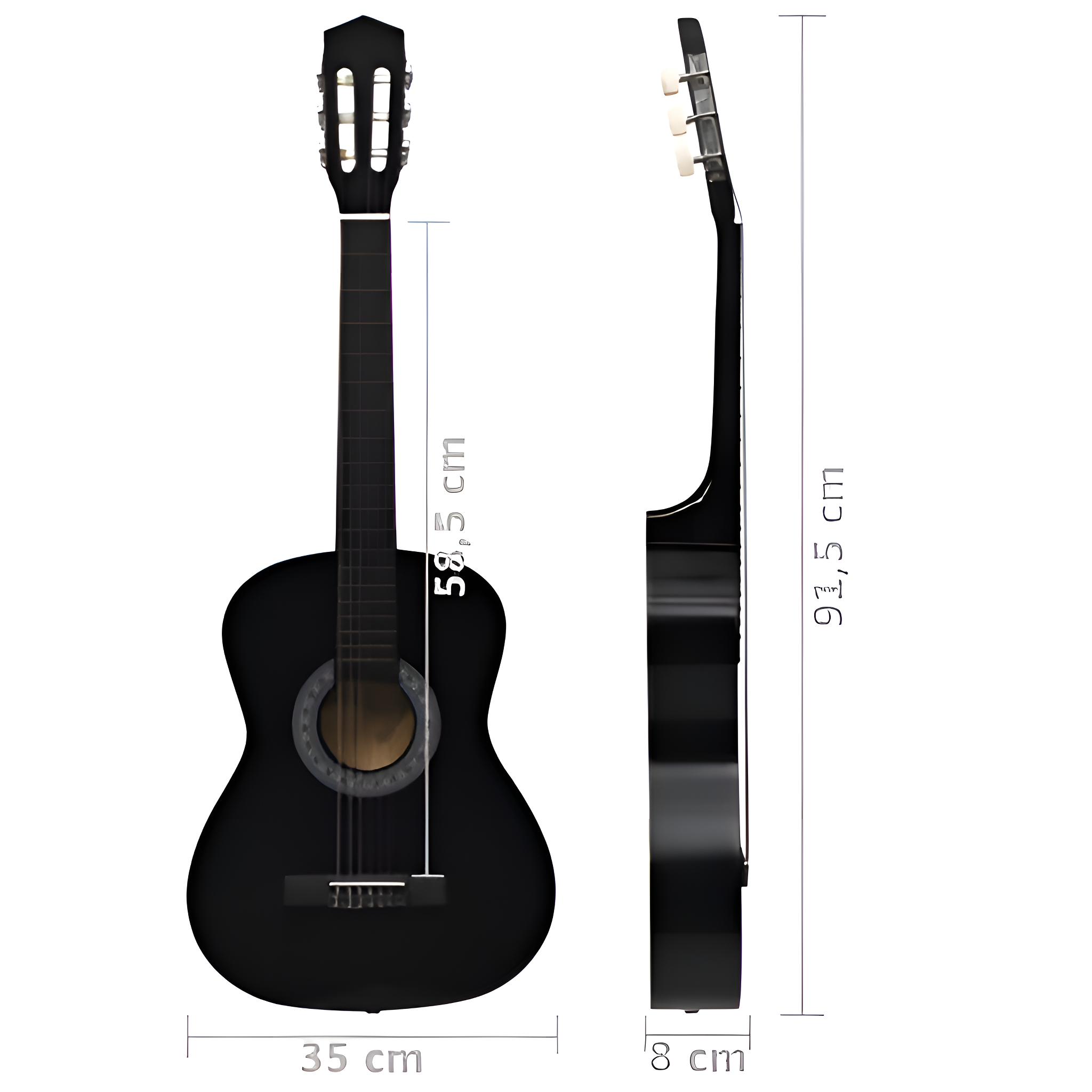 Schwarze Akustikgitarre, Vorder- und Seitenansicht mit Maßen in Zentimetern.