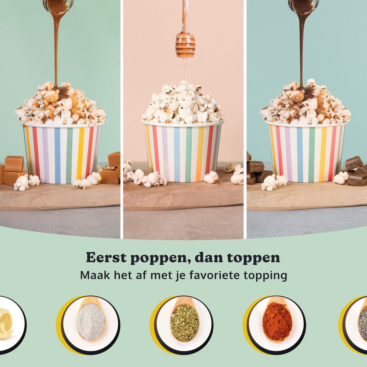 Popcorn in striped cups being topped with chocolate and honey.