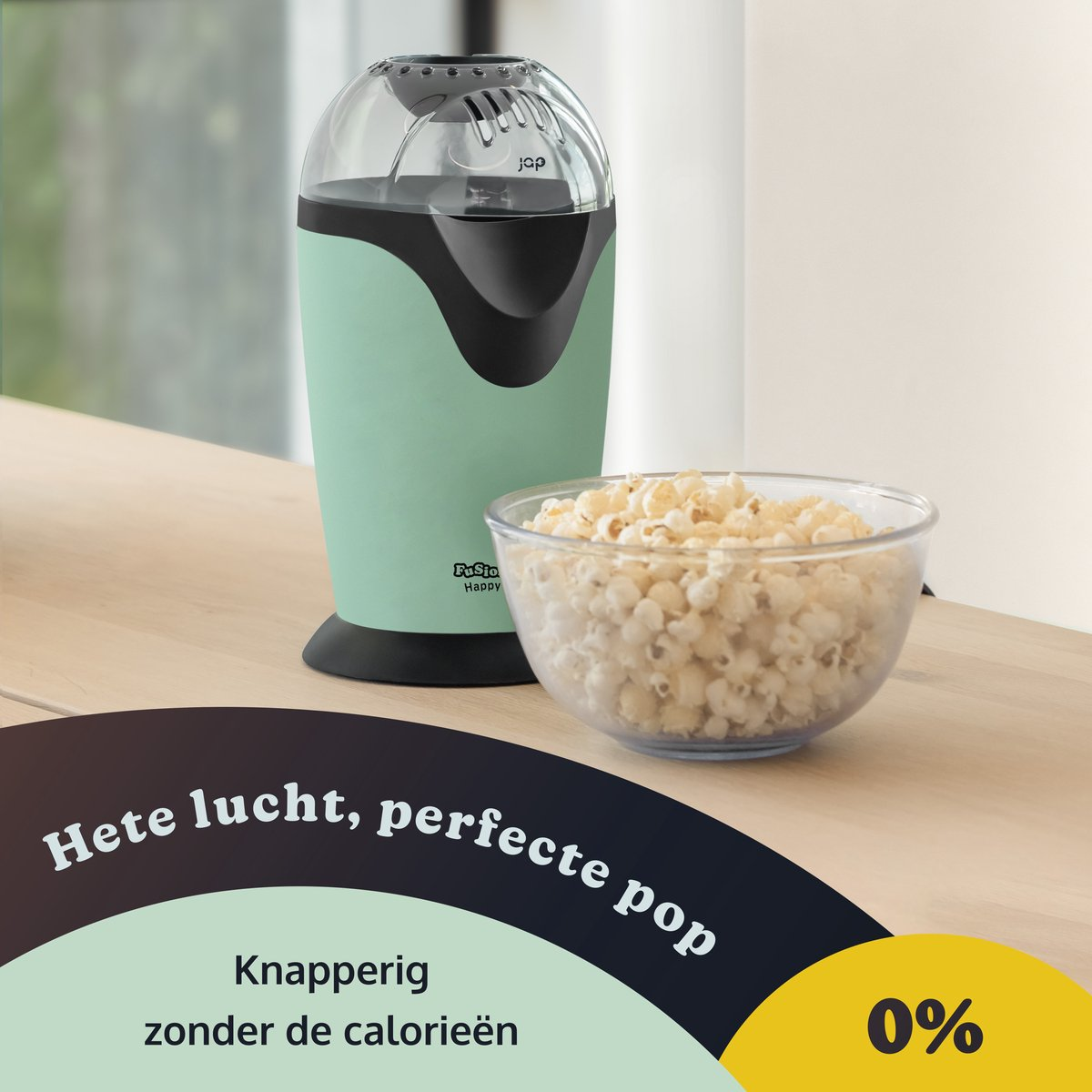 A green and black popcorn machine, a glass bowl of popcorn, and text below.
