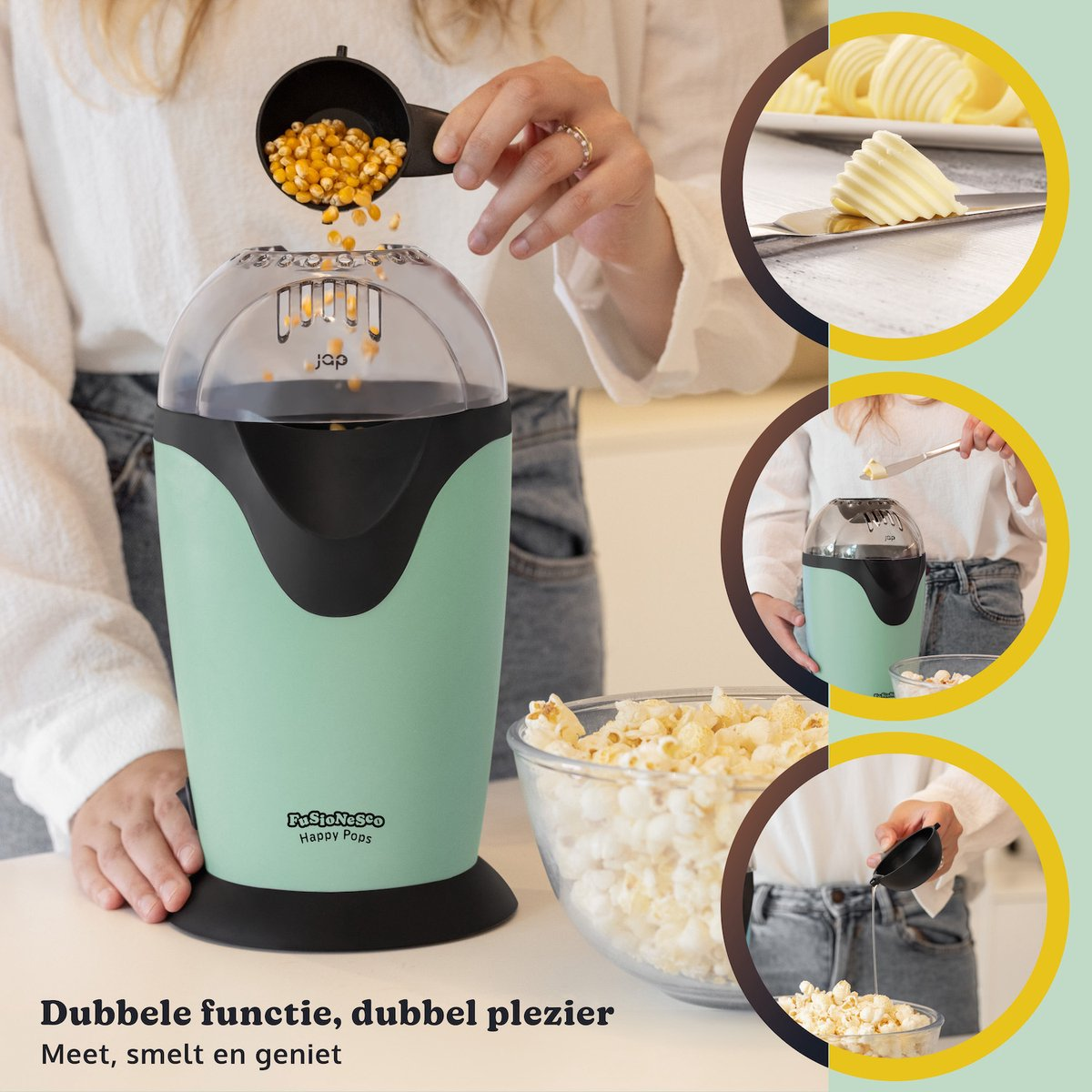 A popcorn maker with kernels being poured in, and butter being cut.