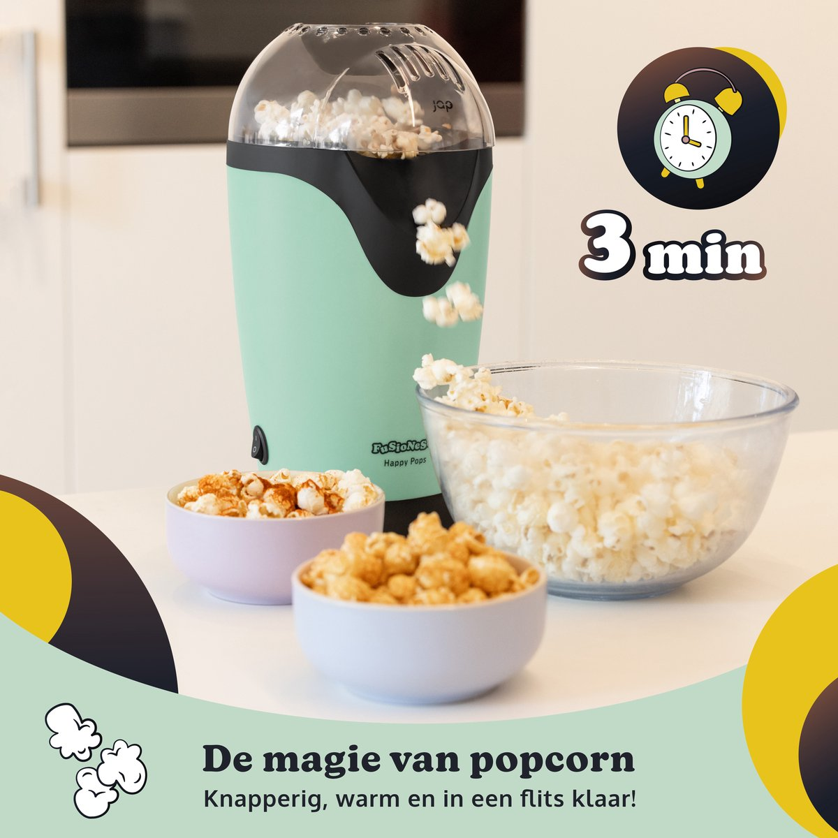 Popcorn machine with popcorn in bowls. A clock shows 3 minutes. Text: The magic of popcorn.
