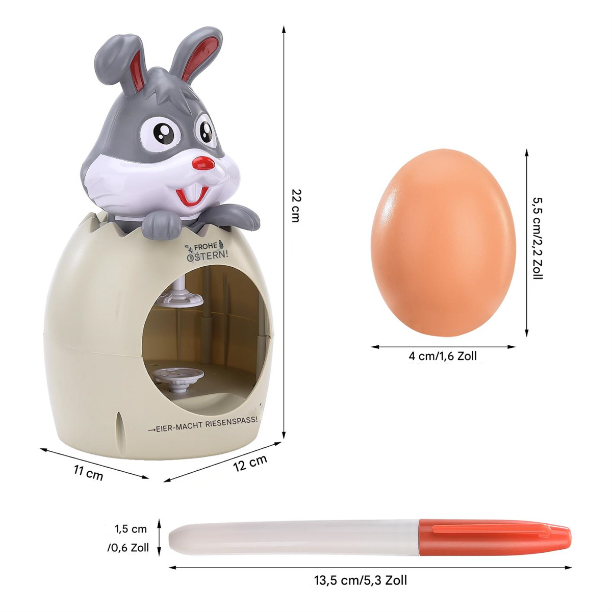 Ein Ostereier-Knacker mit Hase, Ei und Marker. Abmessungen angegeben.