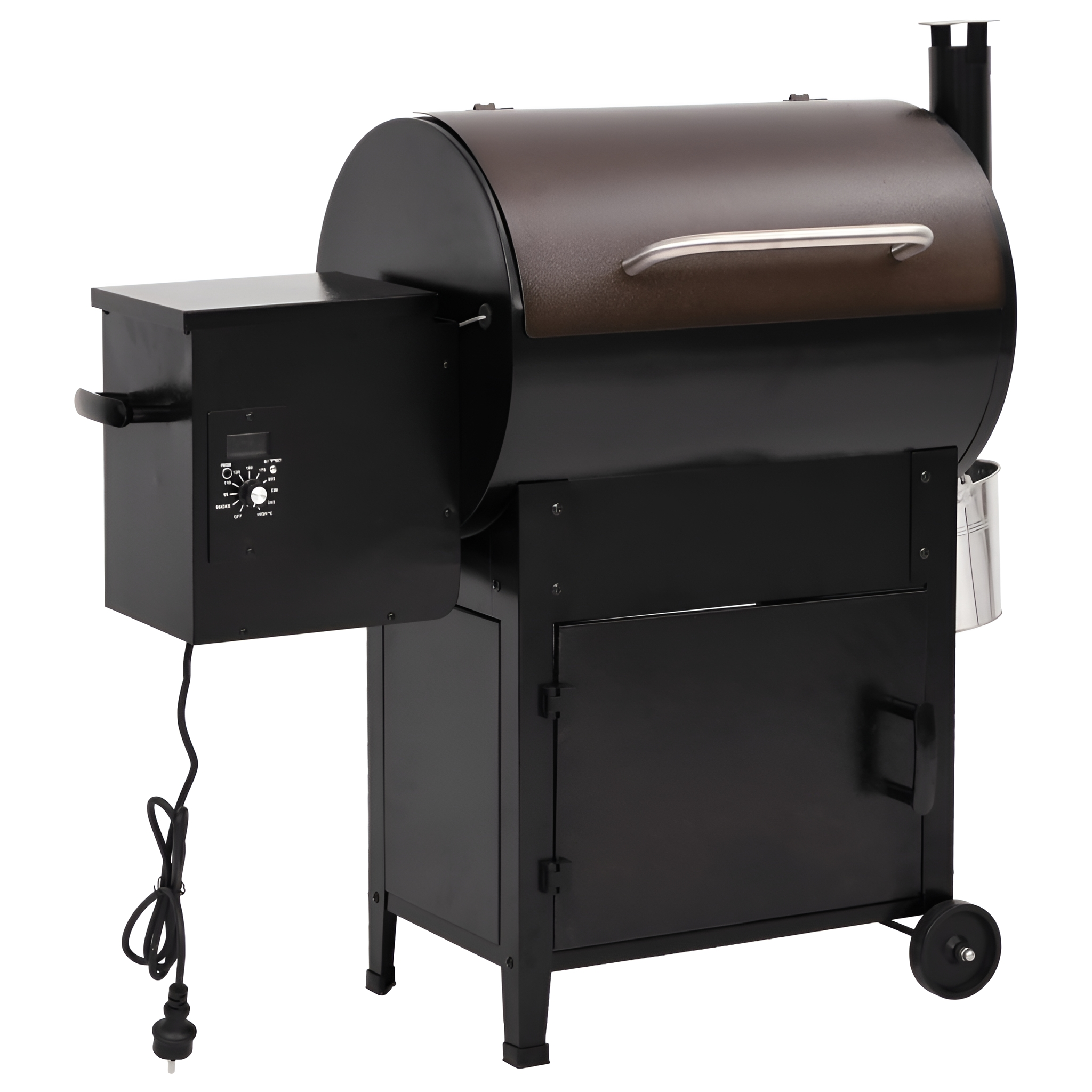 Schwarz-brauner Räuchergrill mit Schornstein und digitalem Bedienfeld. Schwarze Räder und Tür.