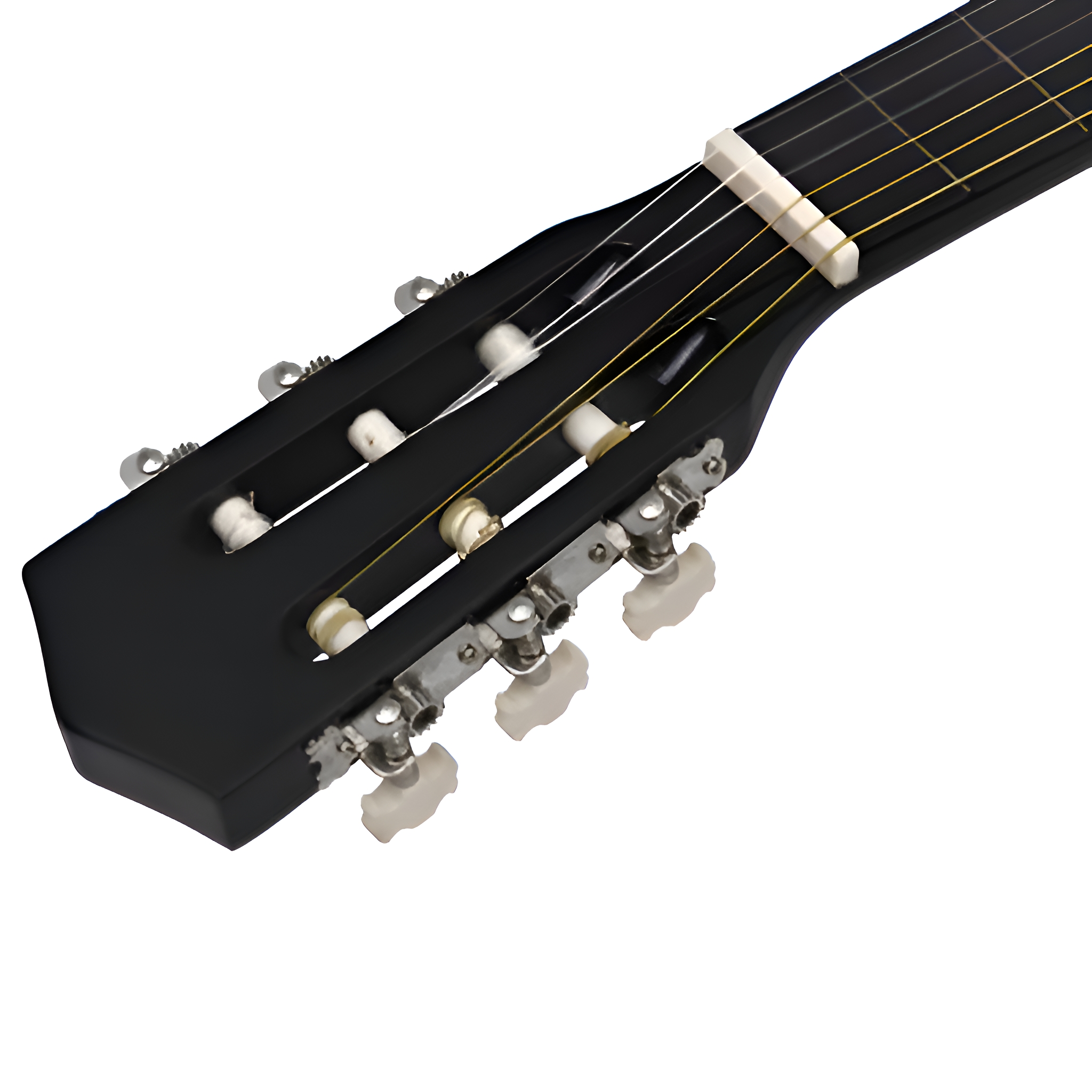 Schwarze Gitarrenkopfplatte mit weißen Stimmwirbeln und Saiten, auf weißem Hintergrund.