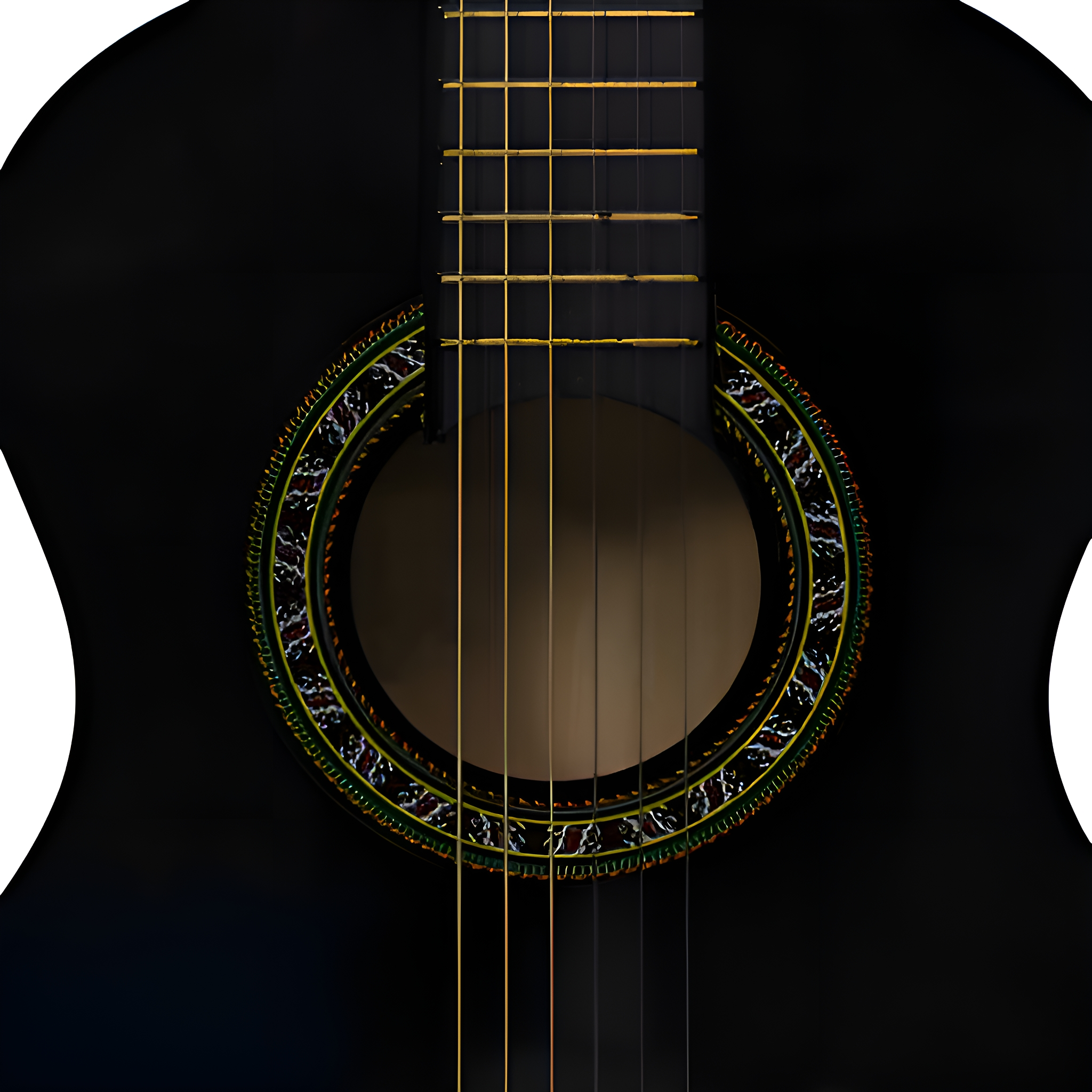 Eine schwarze Gitarre mit Saiten und einem dekorativen Schalllochdesign. Die Gitarre ist zentriert.