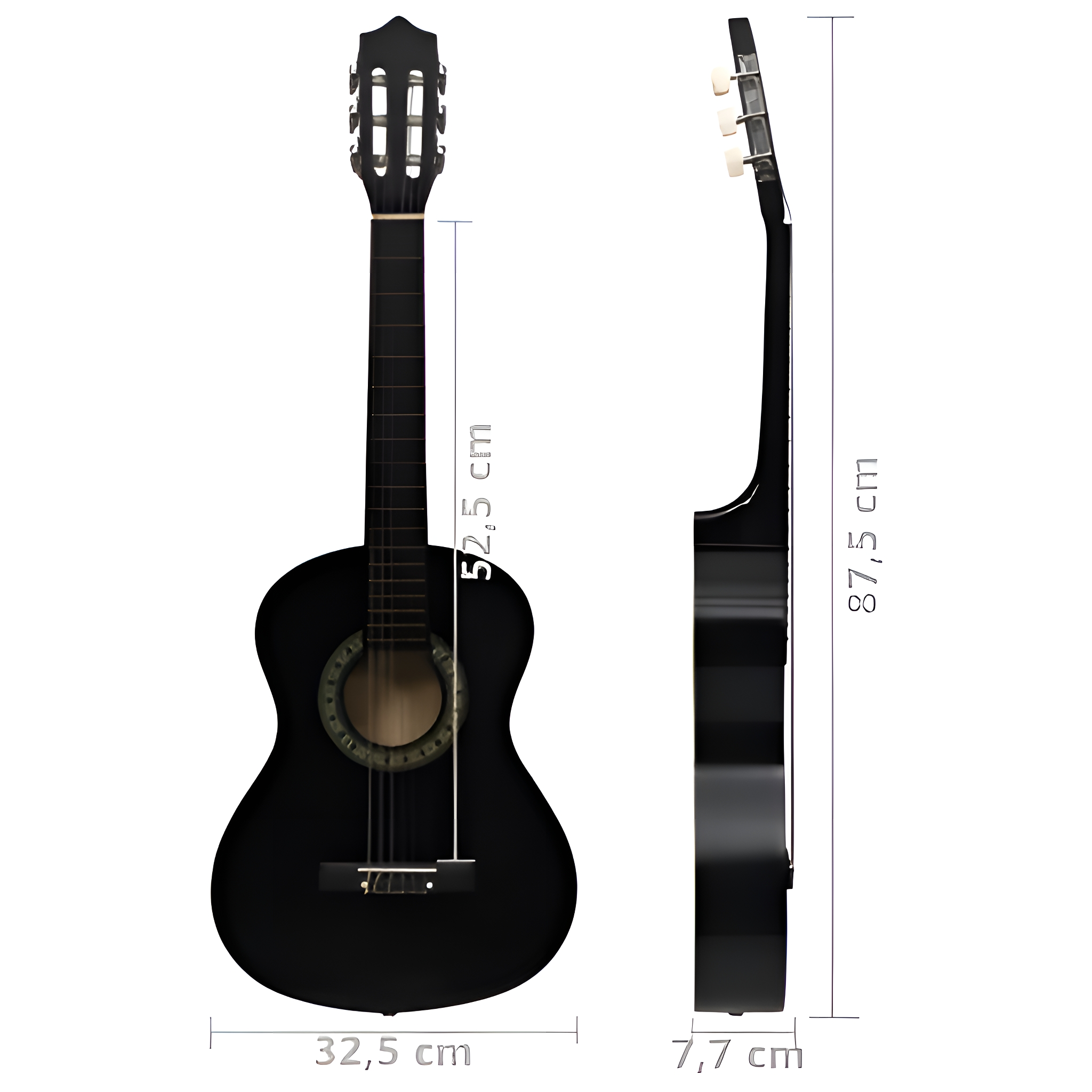 Schwarze Akustikgitarre, Vorder- und Seitenansicht mit Maßen in Zentimetern.