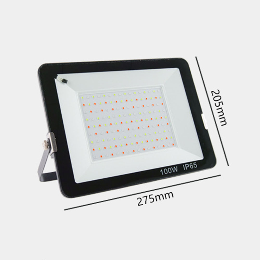 Ein rechteckiger LED-Flutlichtstrahler mit Abmessungen, weißem Licht und schwarzem Rahmen.