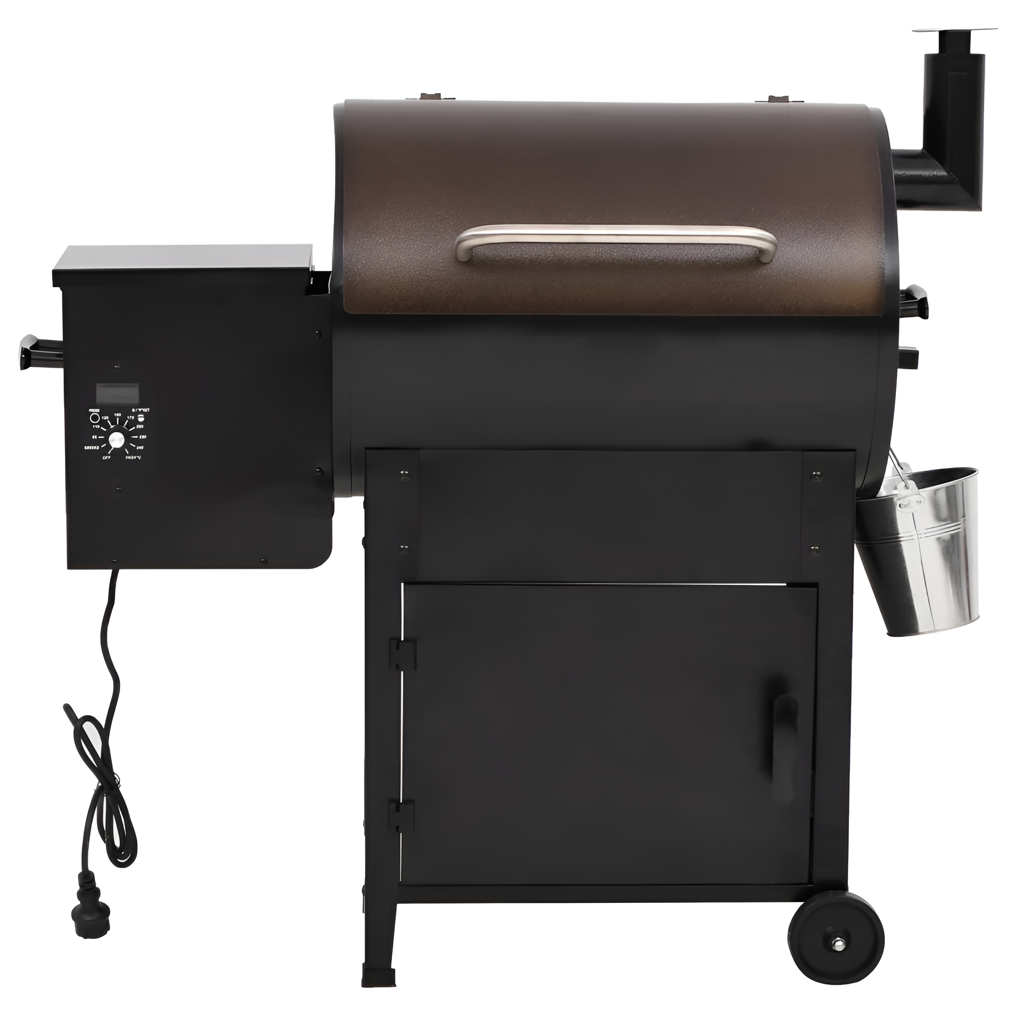 Ein schwarzer und brauner Smoker-Grill auf weißem Hintergrund.