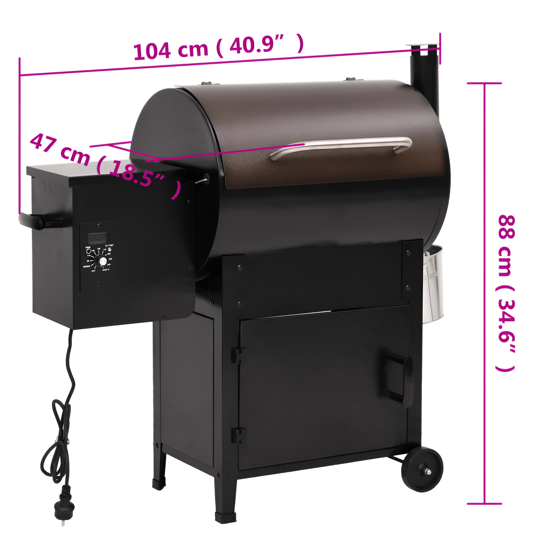 Ein schwarzer Smoker-Grill mit brauner Oberseite, mit Maßangaben. Hat Netzkabel und Räder.