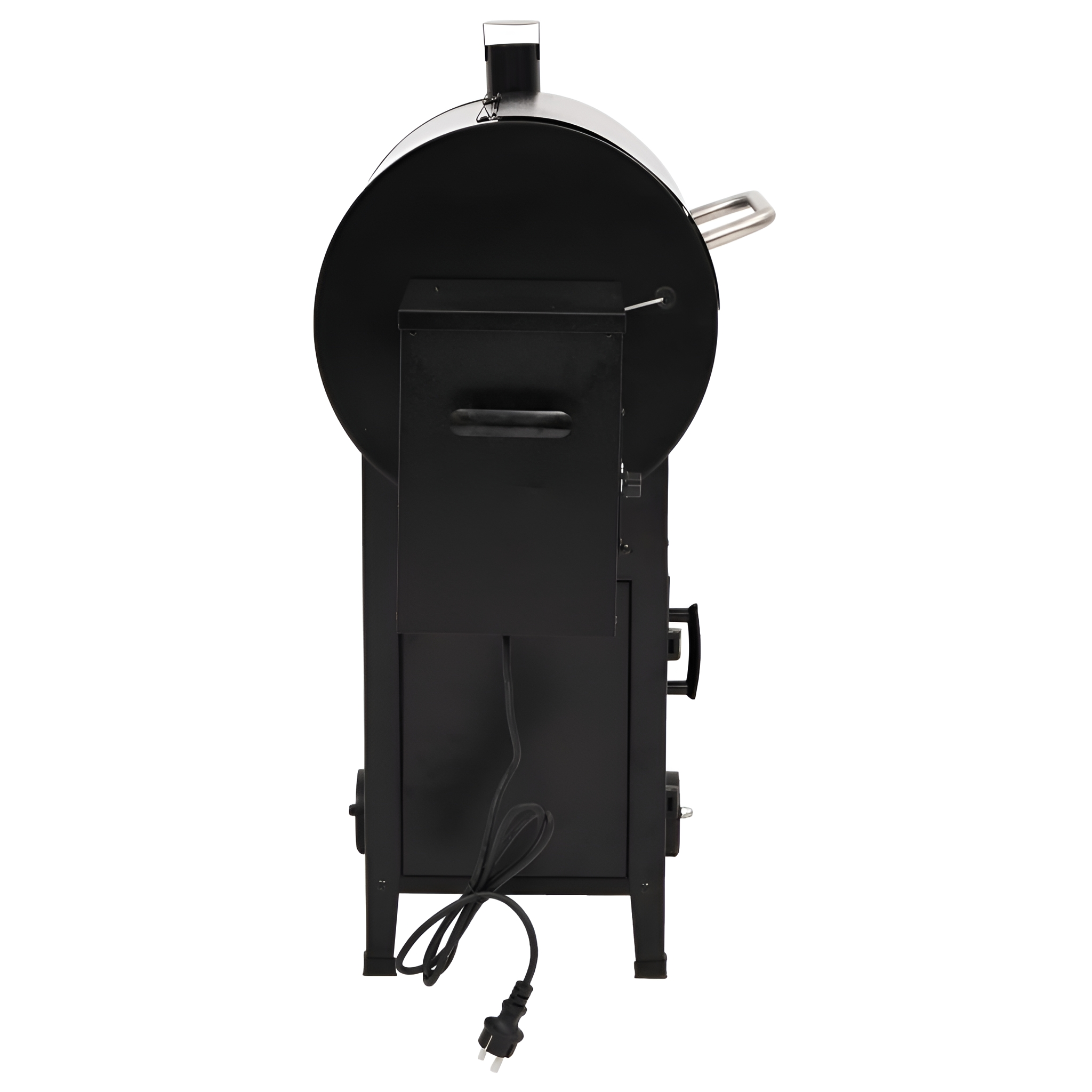 Schwarzer Räuchergrill mit Griff, Schornstein und Netzkabel. Seitenansicht.