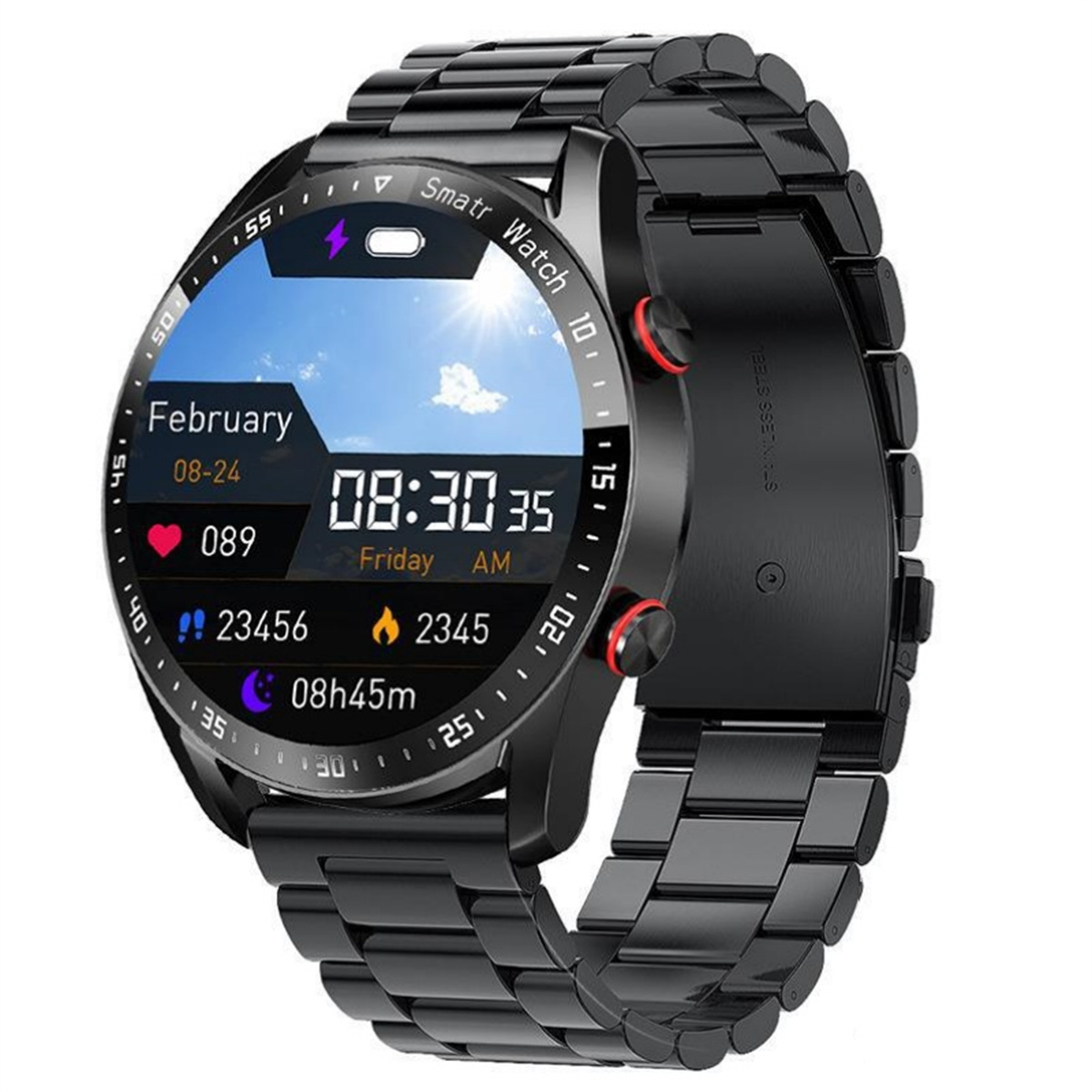 Eine schwarze Smartwatch mit schwarzem Armband, die die Uhrzeit und andere Fitnessdaten anzeigt.