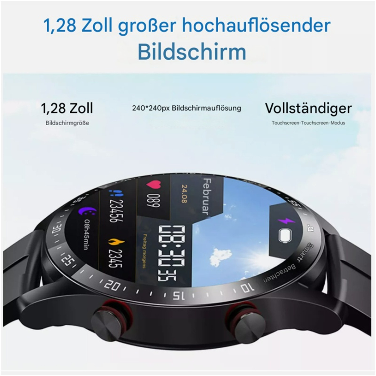 Smartwatch mit digitaler Anzeige, die Zeit und Gesundheitsdaten anzeigt. Schwarze Uhr.