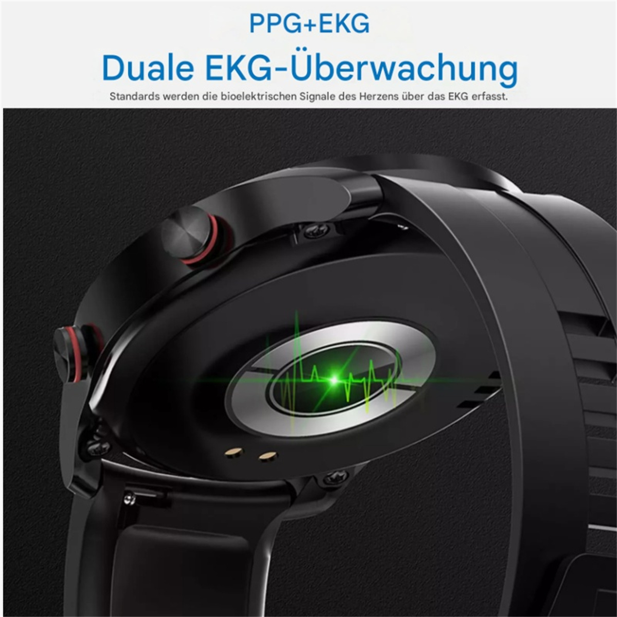 Eine schwarze Smartwatch mit grüner Herzfrequenzlinie, die PPG+EKG und Dual-Monitoring zeigt.