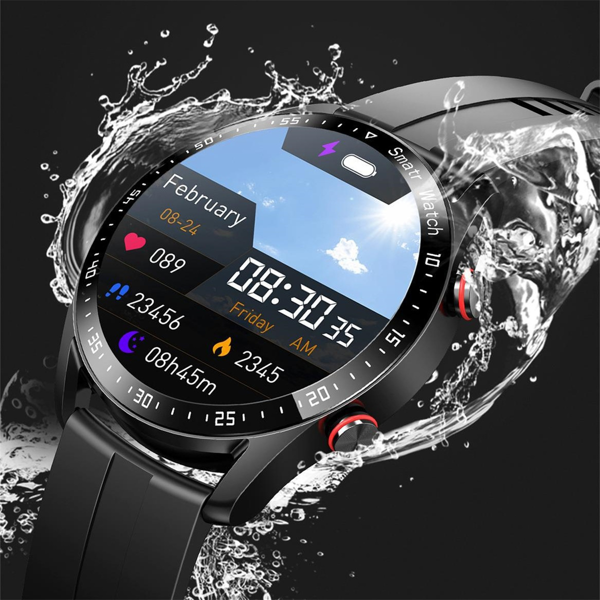 Ein Smartwatch-Zifferblatt, das Zeit, Datum und Aktivitätsdaten anzeigt, mit sichtbaren Wassertropfen.