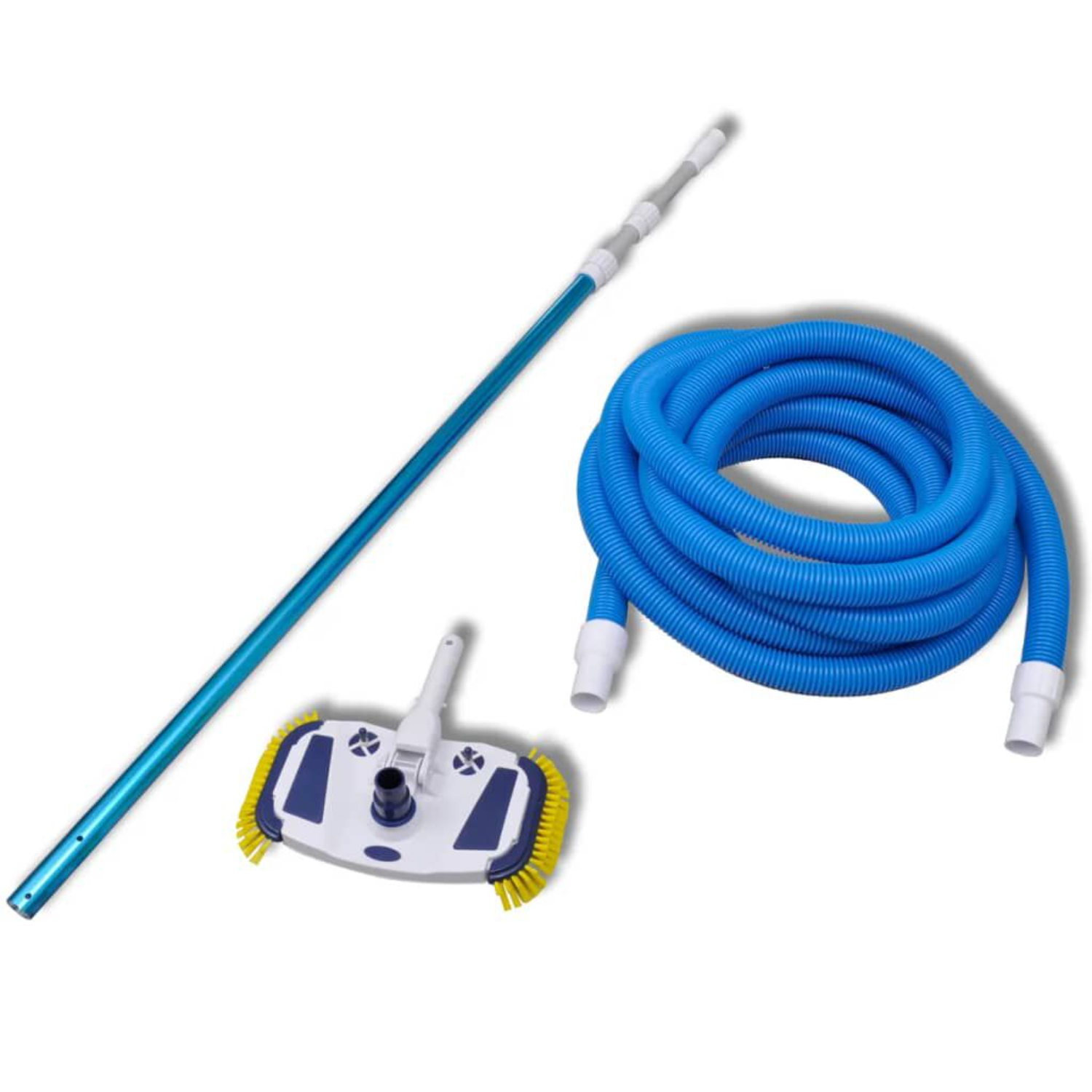 Pool-Reinigungsset. Blauer Schlauch, Stange und Bürste.