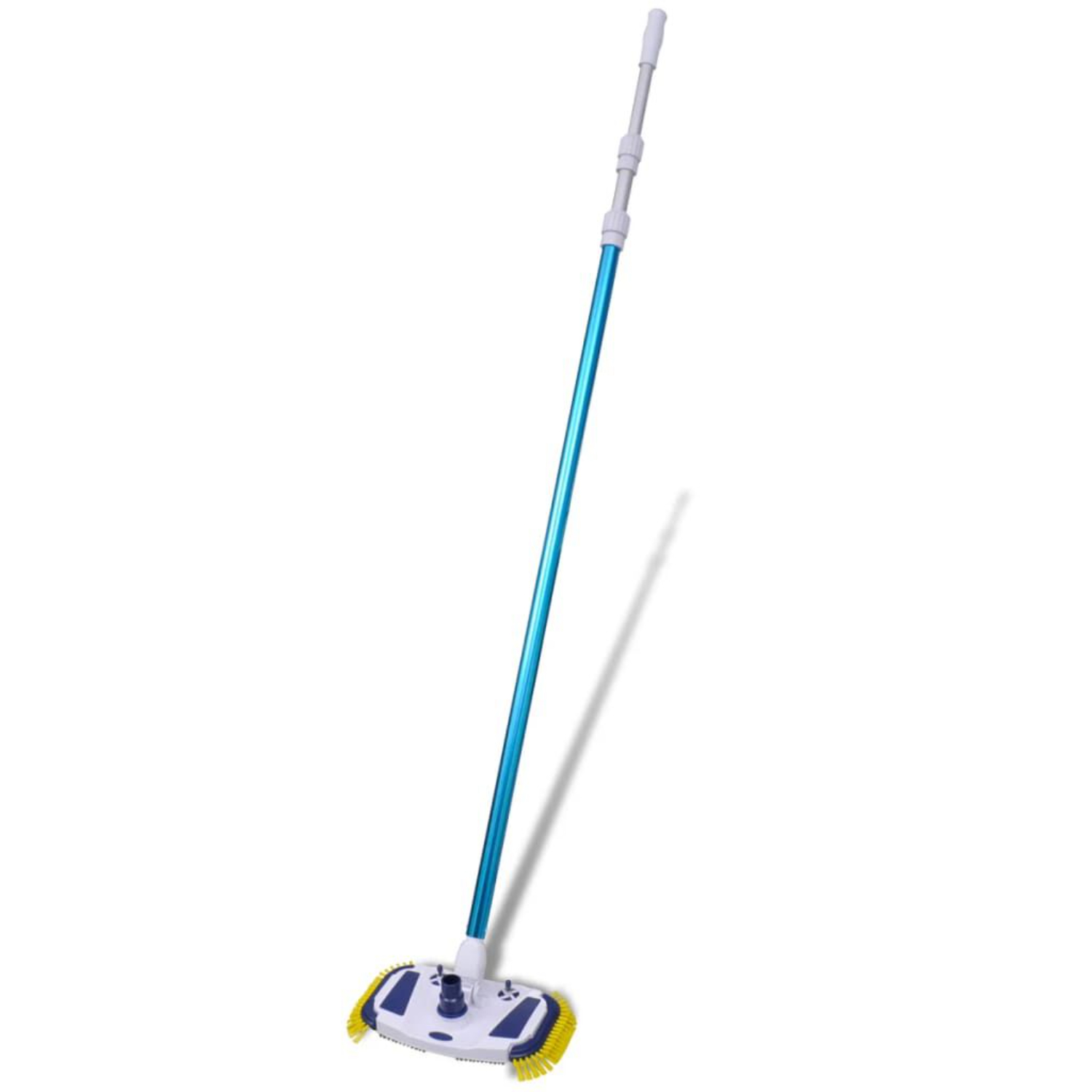Ein langstieliger Reinigungsmopp mit blauem Griff und rechteckigem Reinigungskopf.