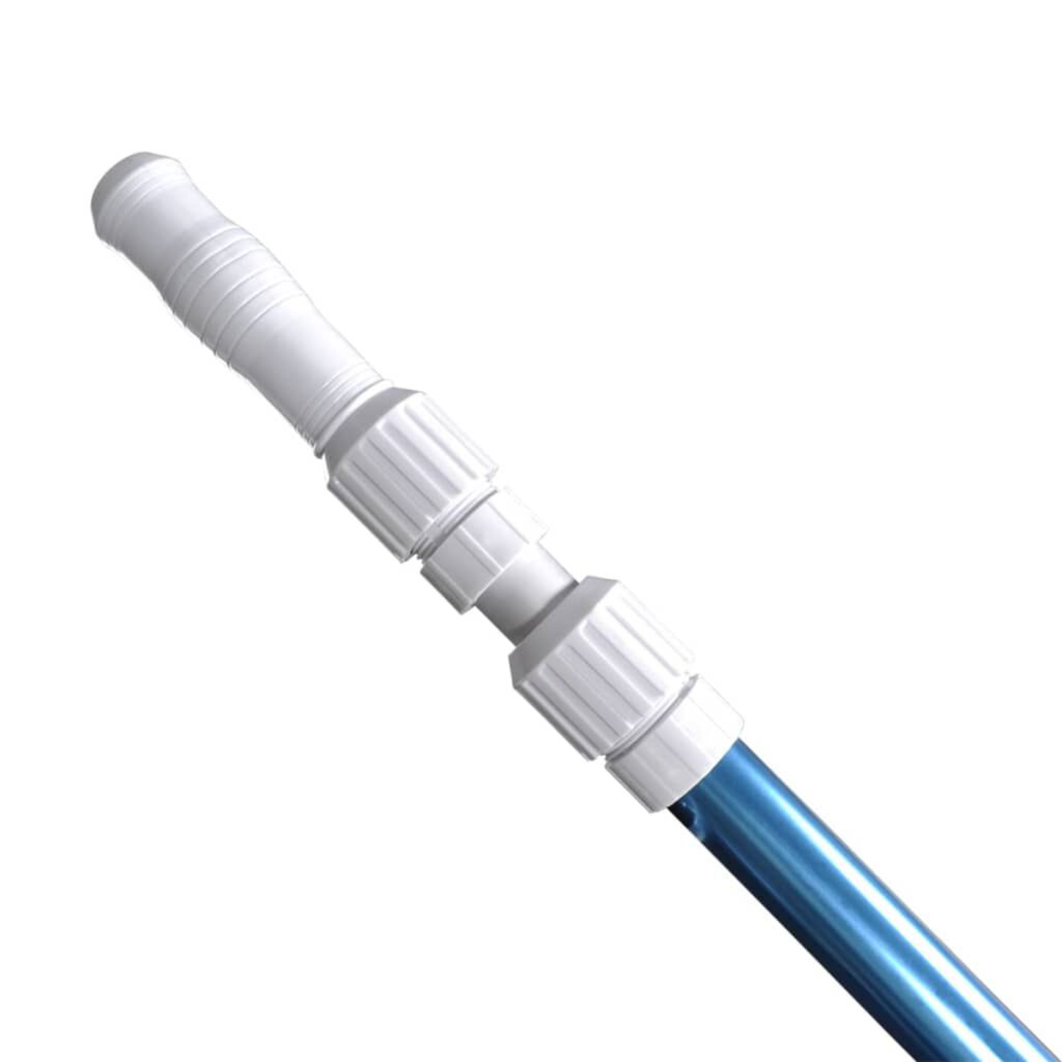 Weiß-blaue Teleskop-Poolstange. Weißer Griff und Anschlüsse. Schräge Ansicht.