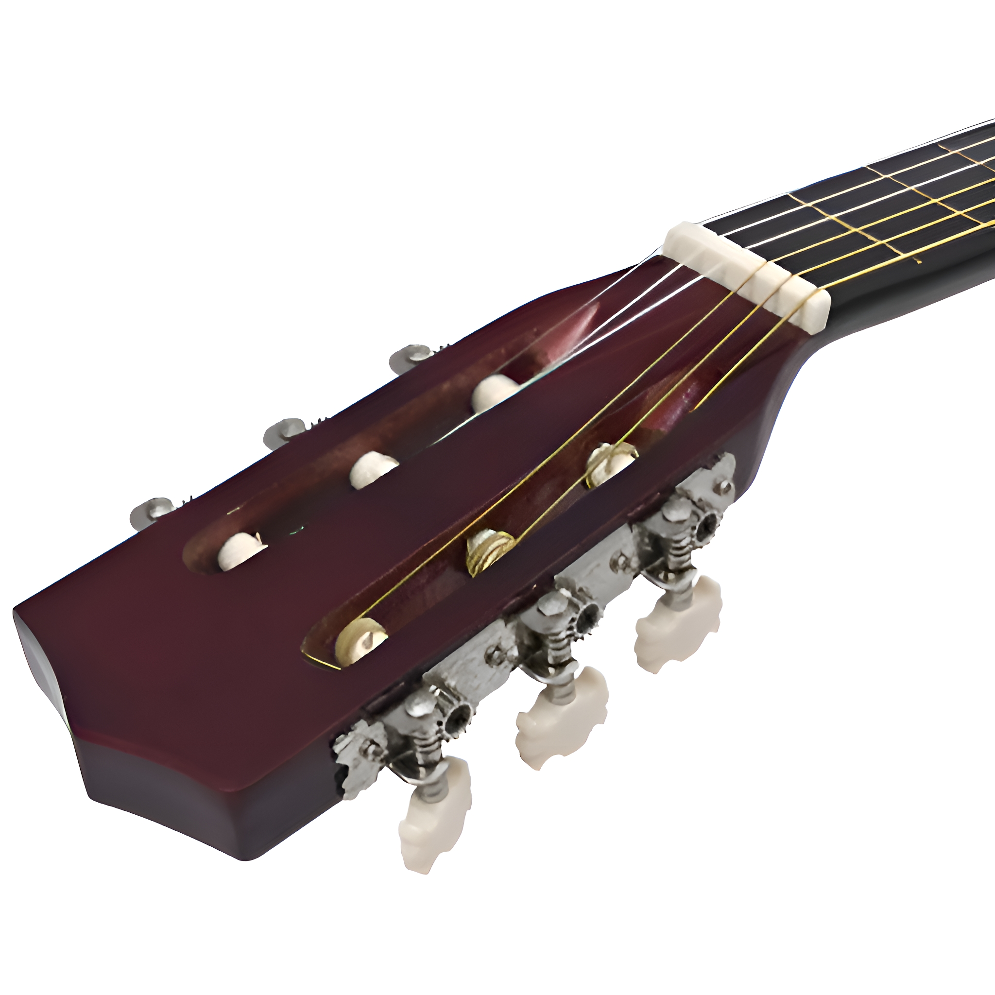 Nahaufnahme der Kopfplatte einer Gitarre, dunkelbraun. Sechs Stimmwirbel sind sichtbar. Saiten gespannt.