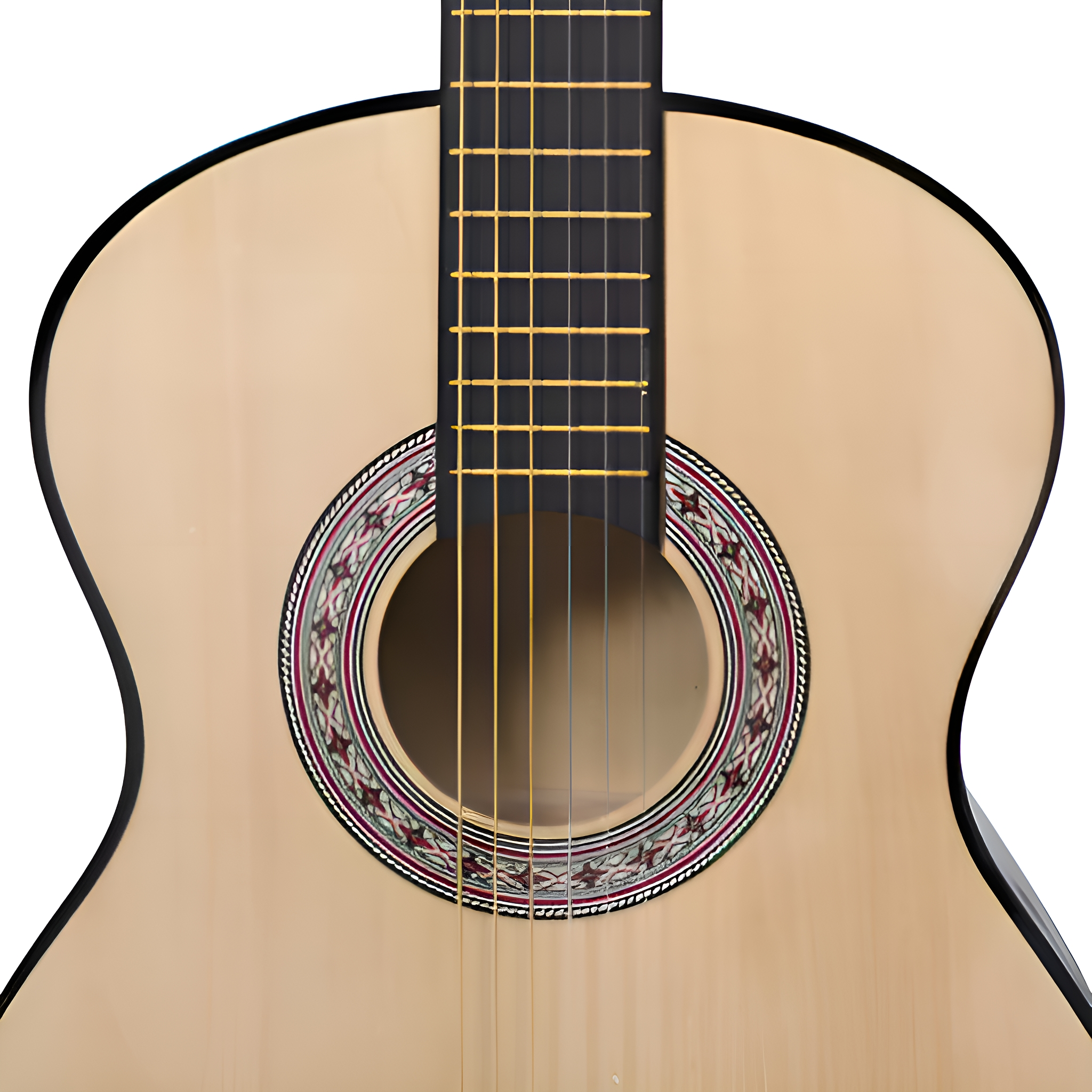 Klassische Gitarre mit Holzkörper, schwarzem Hals und Schalllochdesign.