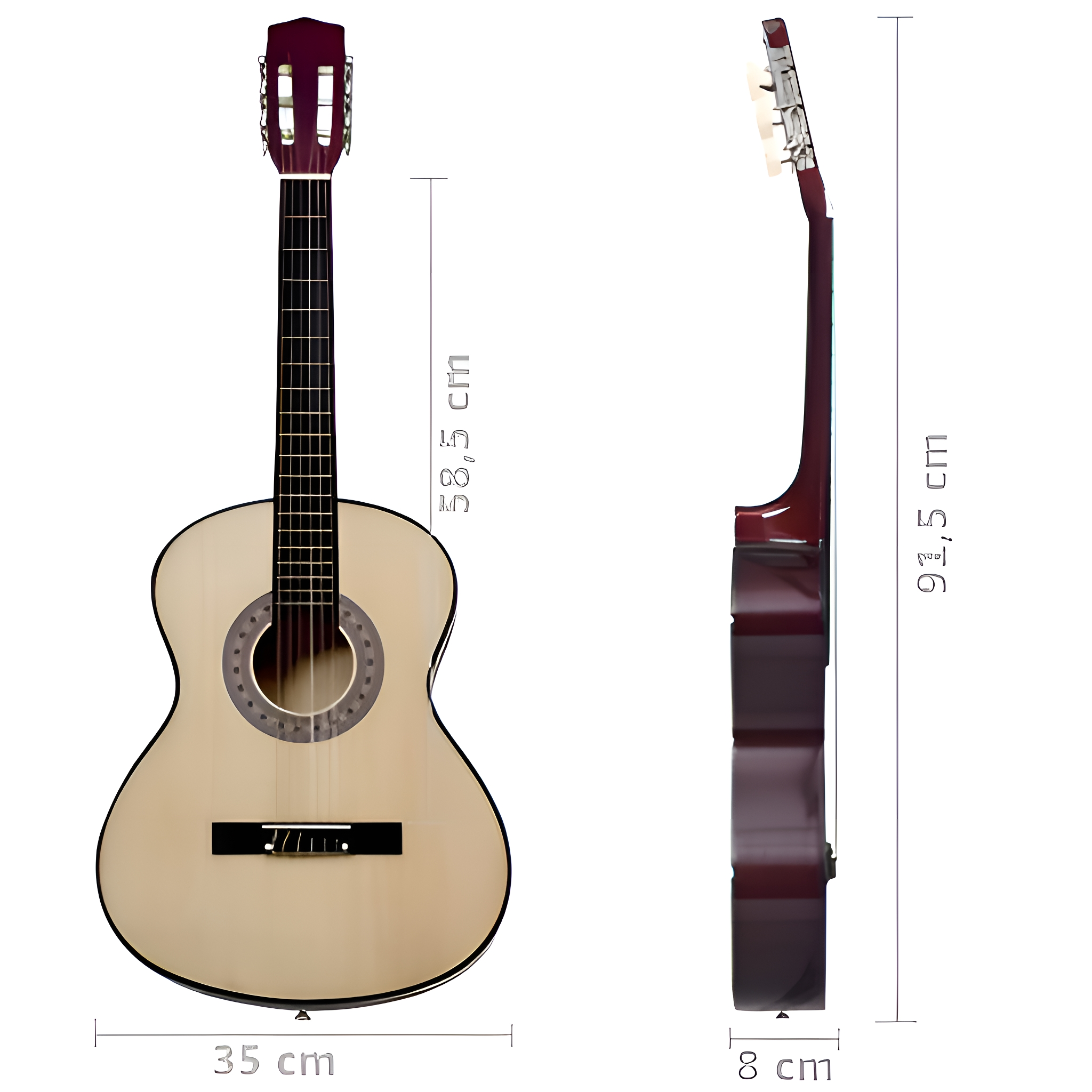 Eine klassische Gitarre mit beschrifteten Abmessungen. Die Gitarre ist cremefarben mit dunkelrotem Hals und Korpusrändern.