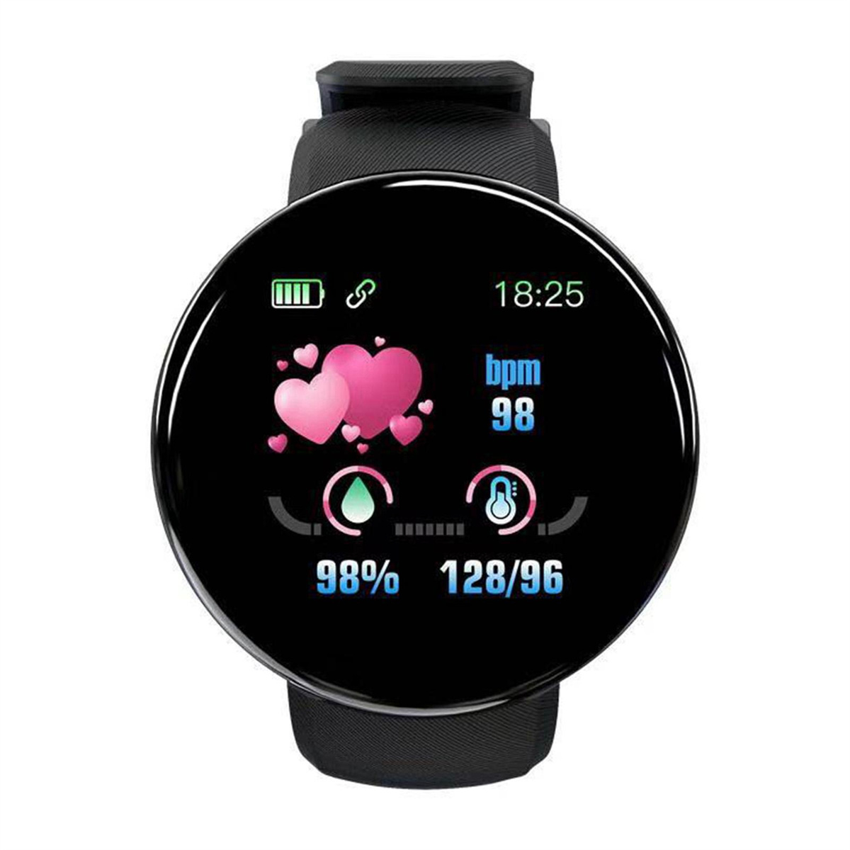 Schwarze Smartwatch mit rundem Bildschirm. Zeigt Zeit, Herzfrequenz und Batteriestand an. Mit rosa Herzen.
