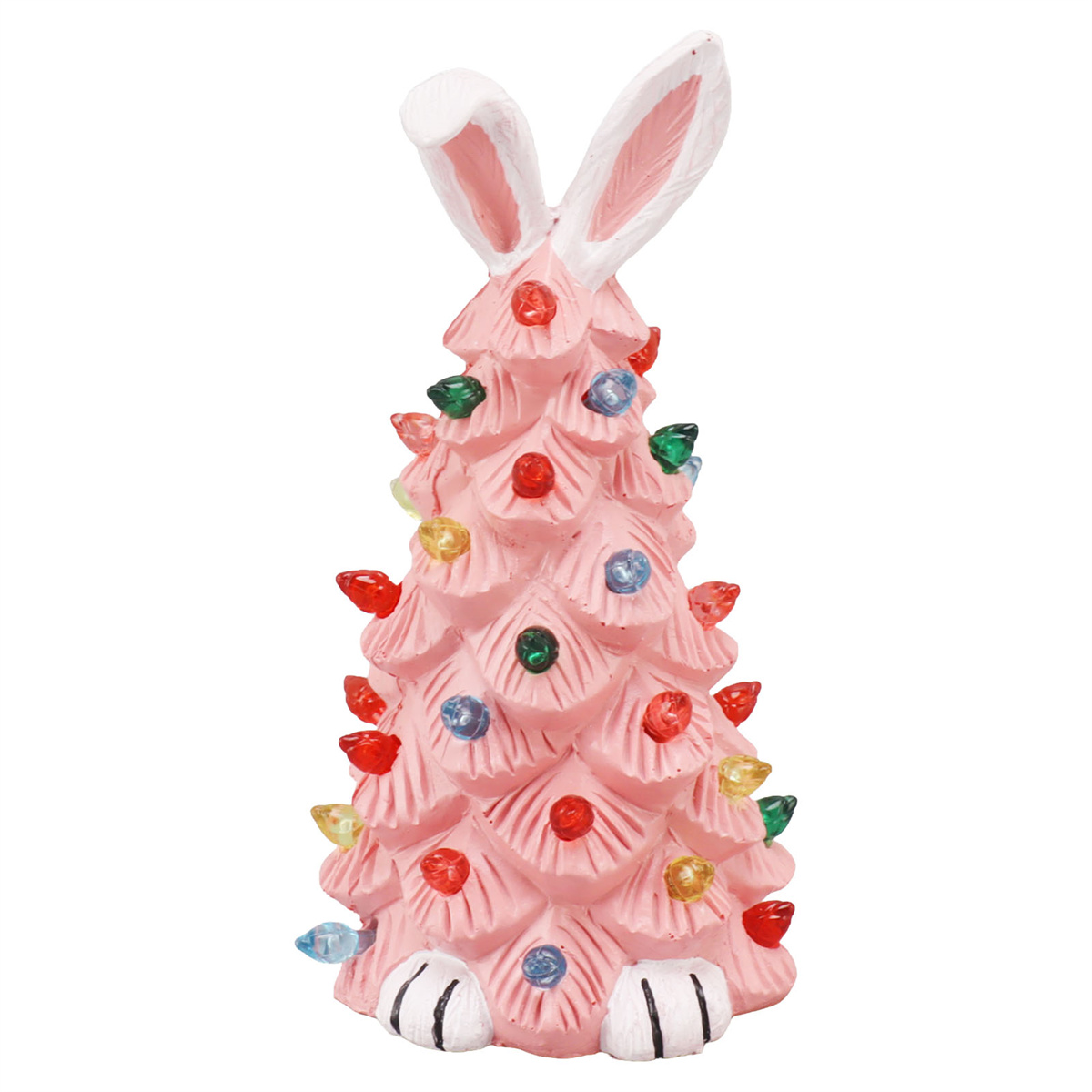 Ein rosa, hasenohriges Weihnachtsbaum mit bunten Lichtern, isoliert auf Weiß.