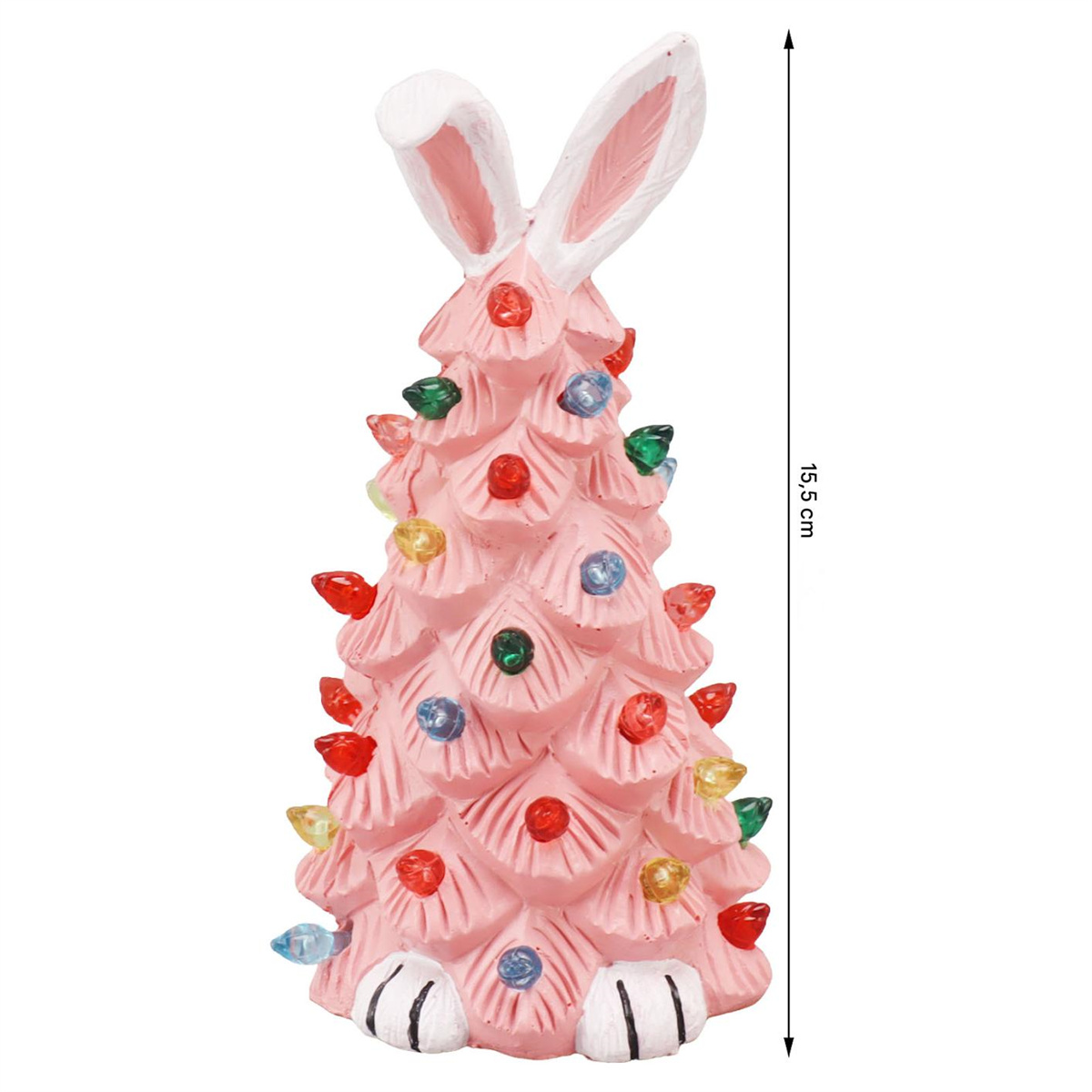 Rosa Hasen-Weihnachtsbaum mit bunten Lichtern und Hasenohren. Der Baum steht aufrecht.