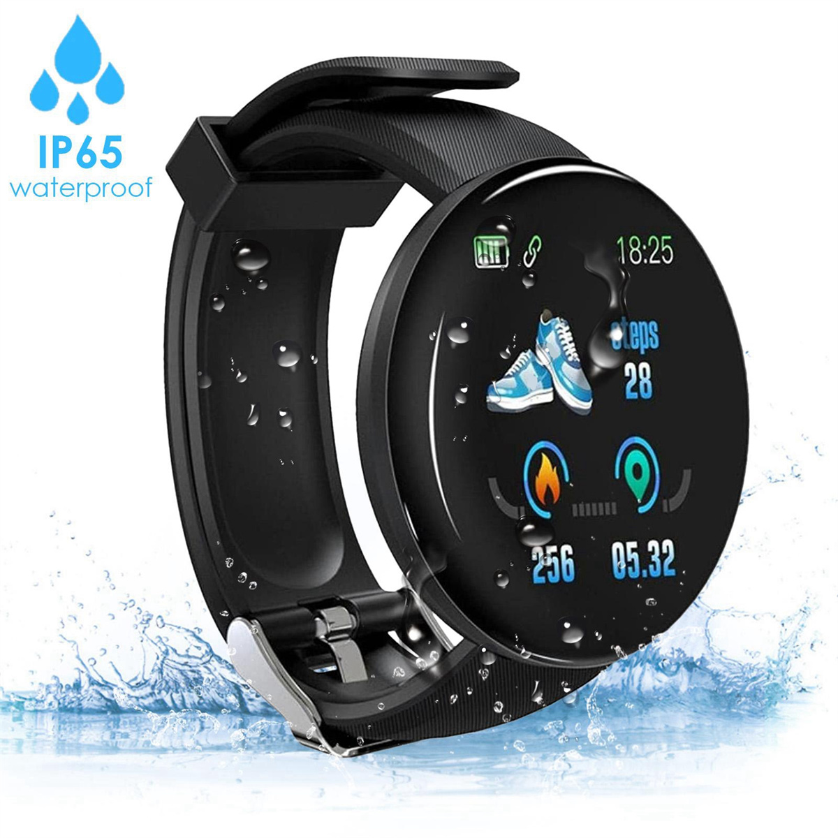 Schwarze Smartwatch mit rundem Bildschirm, der Zeit, Aktivitätsdaten und Wassertropfen anzeigt, auf Wasseroberfläche.
