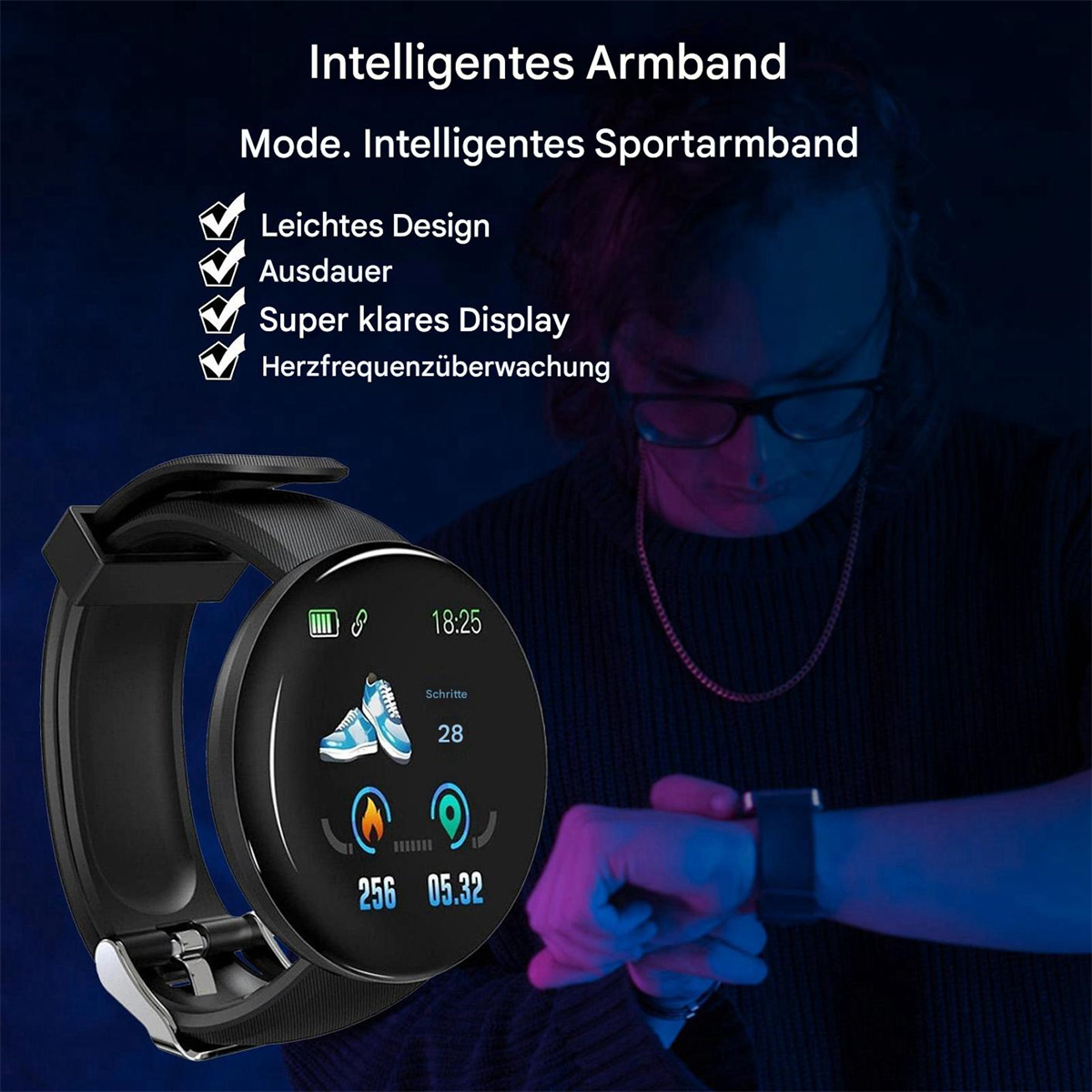 Schwarze Smartwatch am Handgelenk, Display mit Zeit und Aktivitätsdaten.