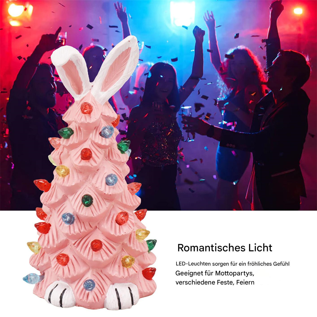 Ein rosa Weihnachtsbaum mit Hasenohren, Lichtern und einem festlichen Hintergrund mit Menschen.