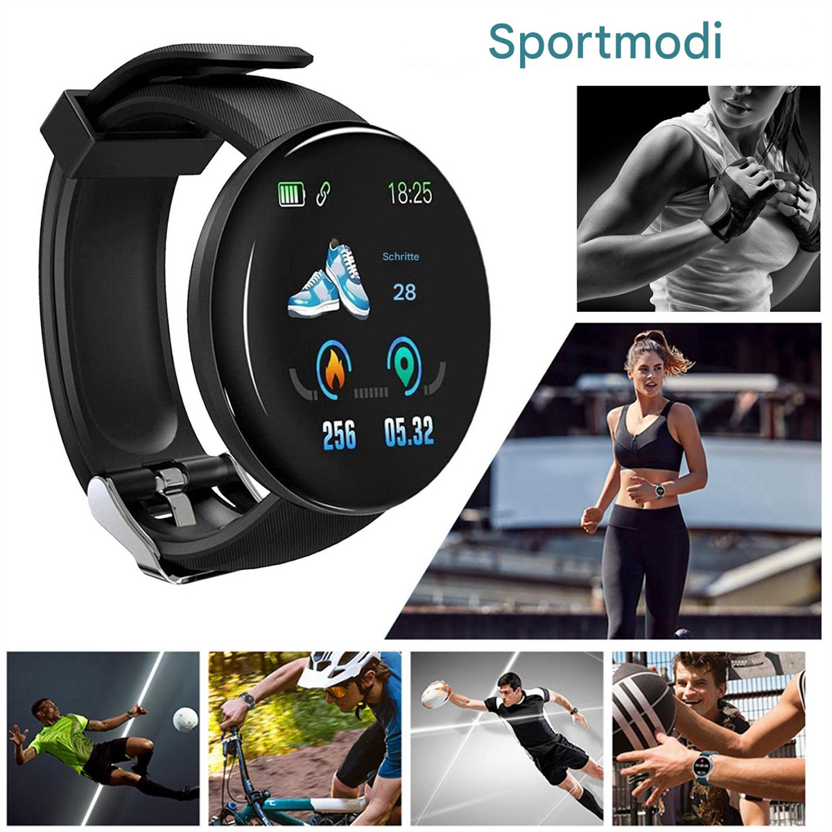 Eine Collage mit einer schwarzen Smartwatch und Sportlern wie Boxen, Laufen und Fußball.