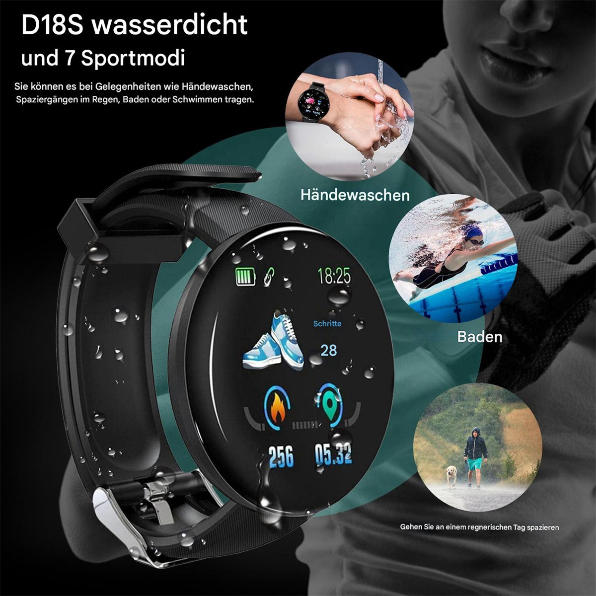 Eine schwarze Smartwatch mit Wassertropfen und verschiedenen Aktivitätssymbolen: Händewaschen, Schwimmen und Gehen.