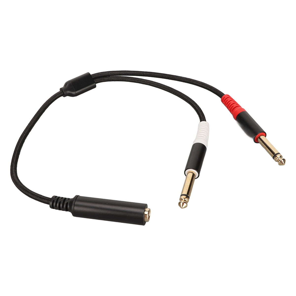 Schwarzes Audiokabel mit einer Buchse zu zwei Steckern, rot und goldfarben.