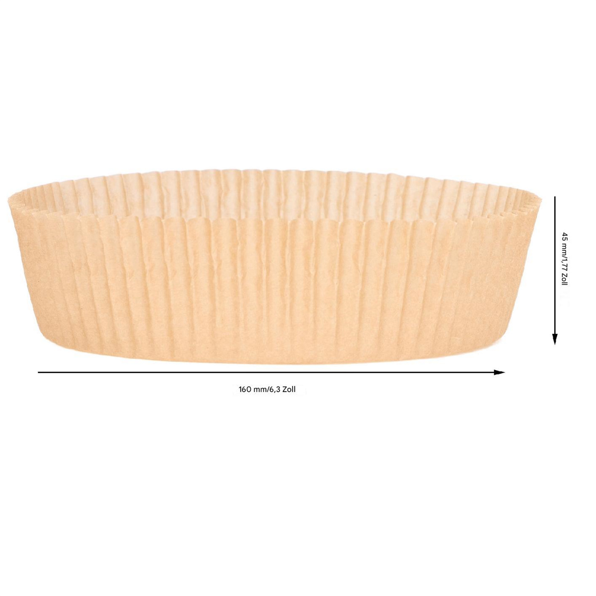 Eine braune Papierbackform. Text: 160 mm/6,3 Zoll, 45 mm/1,77 Zoll.
