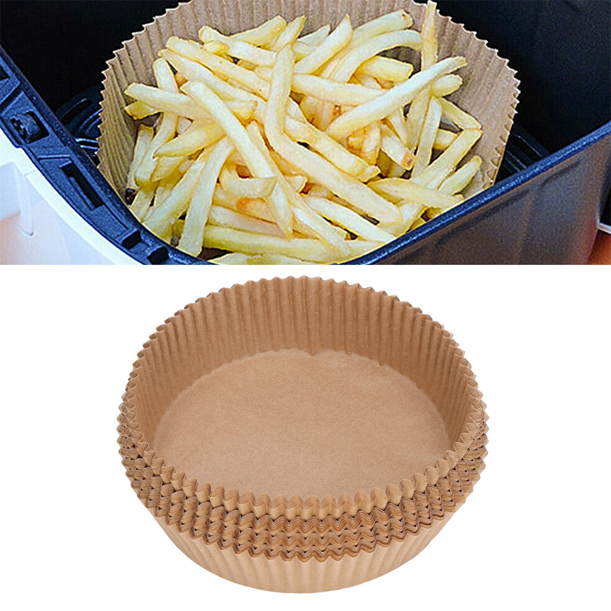 Pommes Frites in einem Papierbehälter in einem Airfryer und mehrere weitere Papierbehälter.