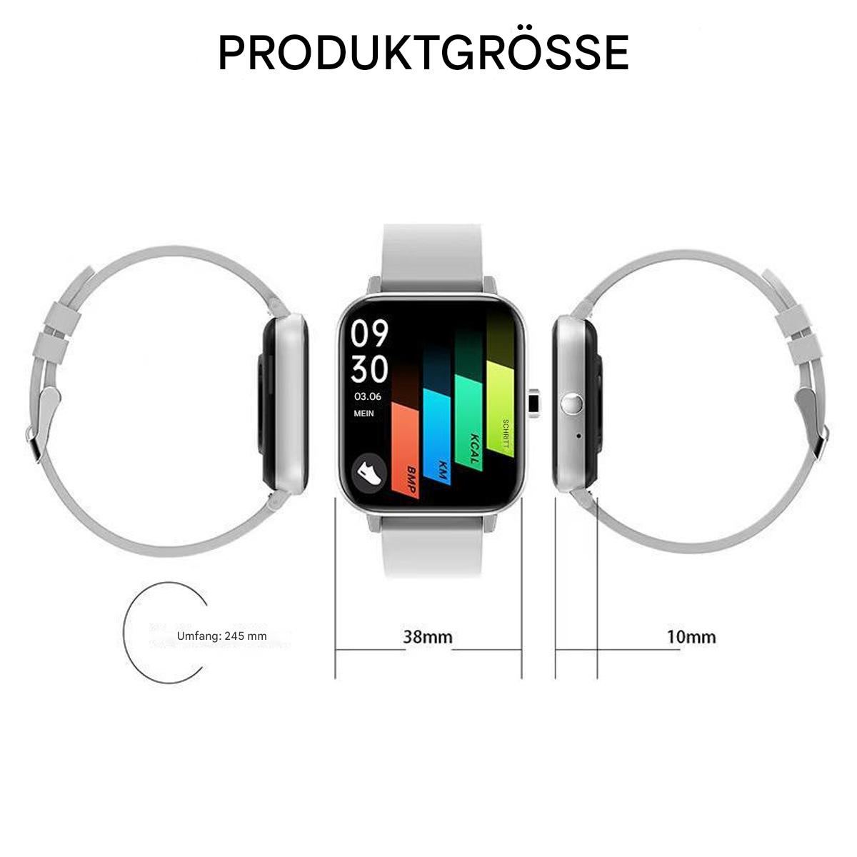Smartwatch auf weißem Hintergrund. Zeigt Größe, Abmessungen und eine Darstellung seiner Funktionen.