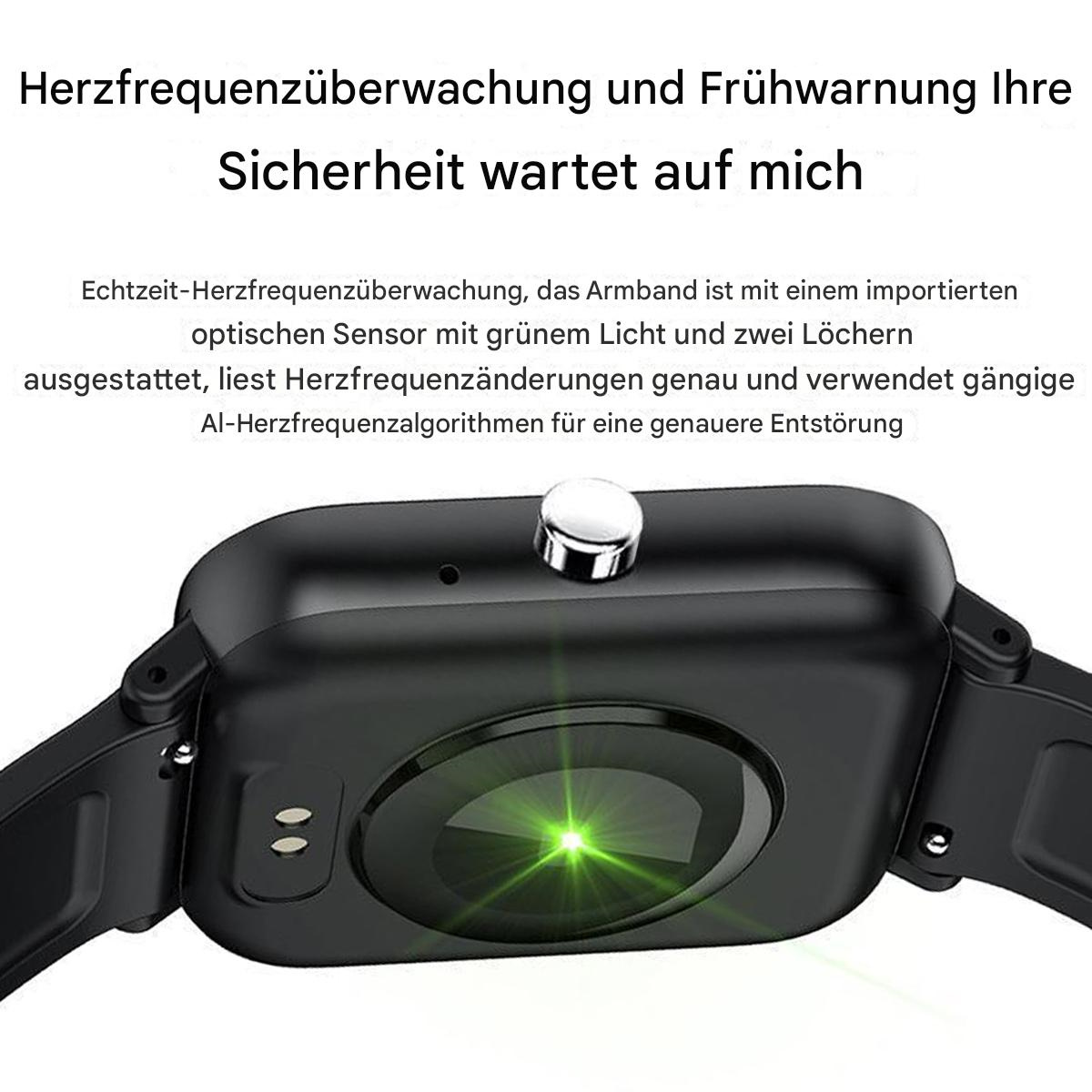 Die Unterseite einer schwarzen Smartwatch zeigt ein grünes Licht und zwei Sensoren, mit Text zur Herzfrequenzüberwachung.
