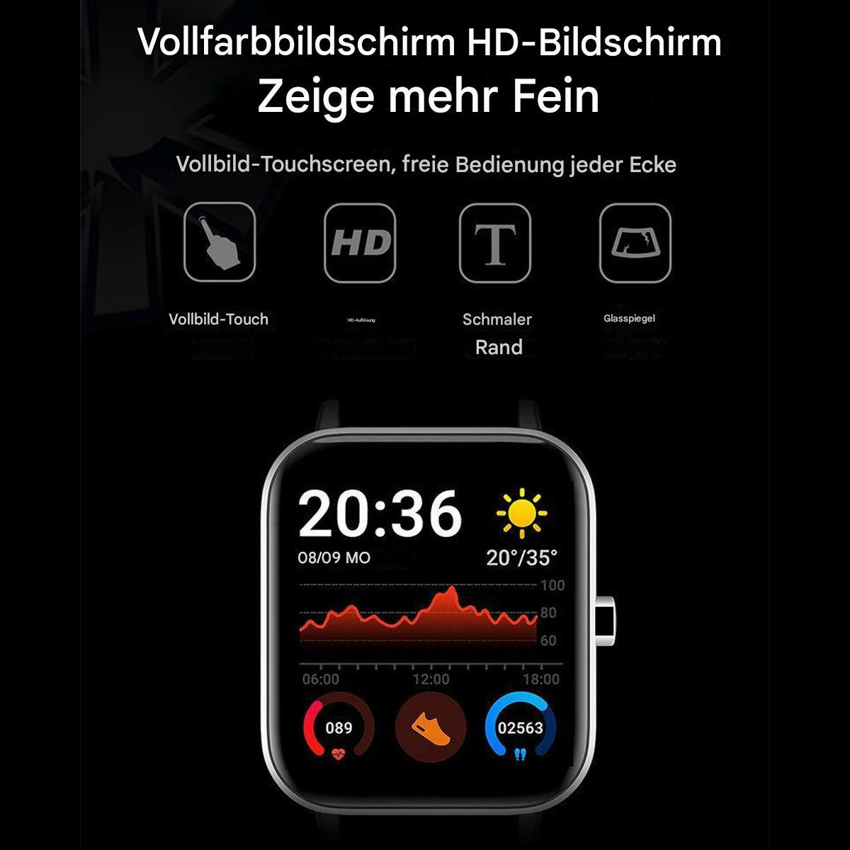 Eine schwarze Smartwatch zeigt die Uhrzeit, Herzfrequenz und Temperatur an. Es hat einen Touchscreen und andere Symbole werden angezeigt.
