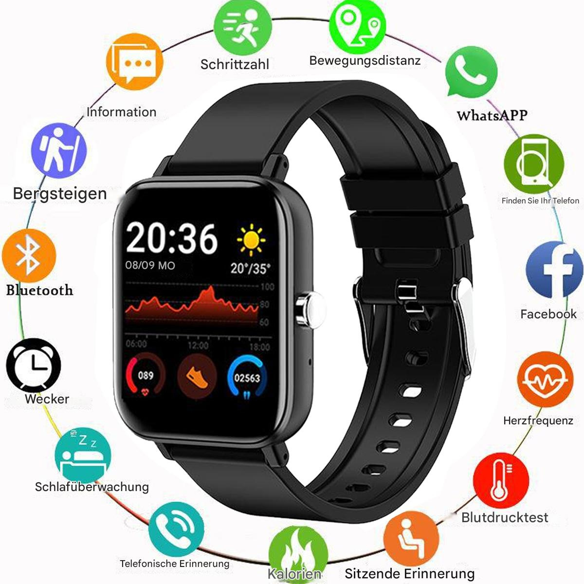 Smartwatch zeigt Daten an, umgeben von Symbolen und Beschriftungen.