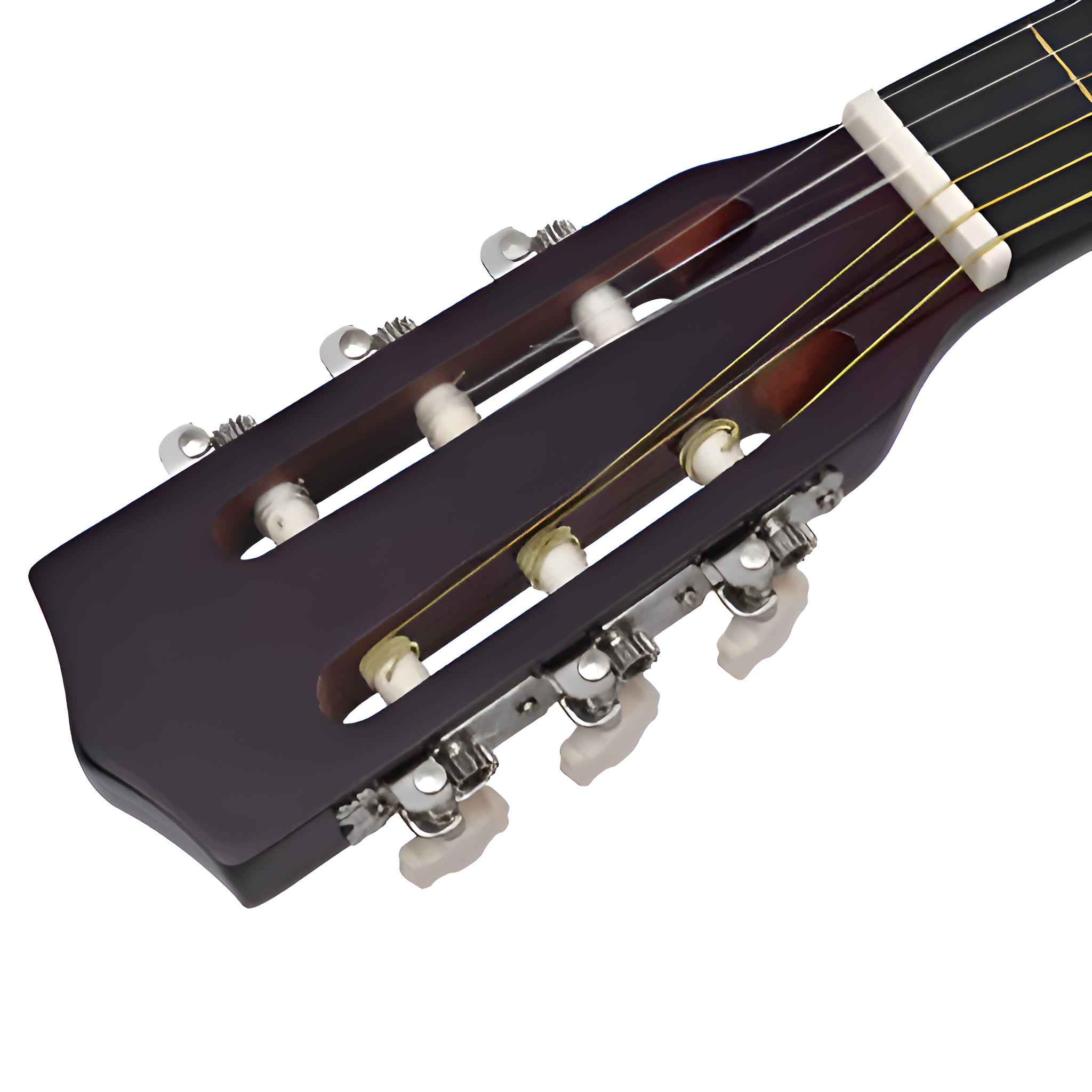 Gitarrenkopf, braun und schwarz, mit Stimmwirbeln und Saiten.