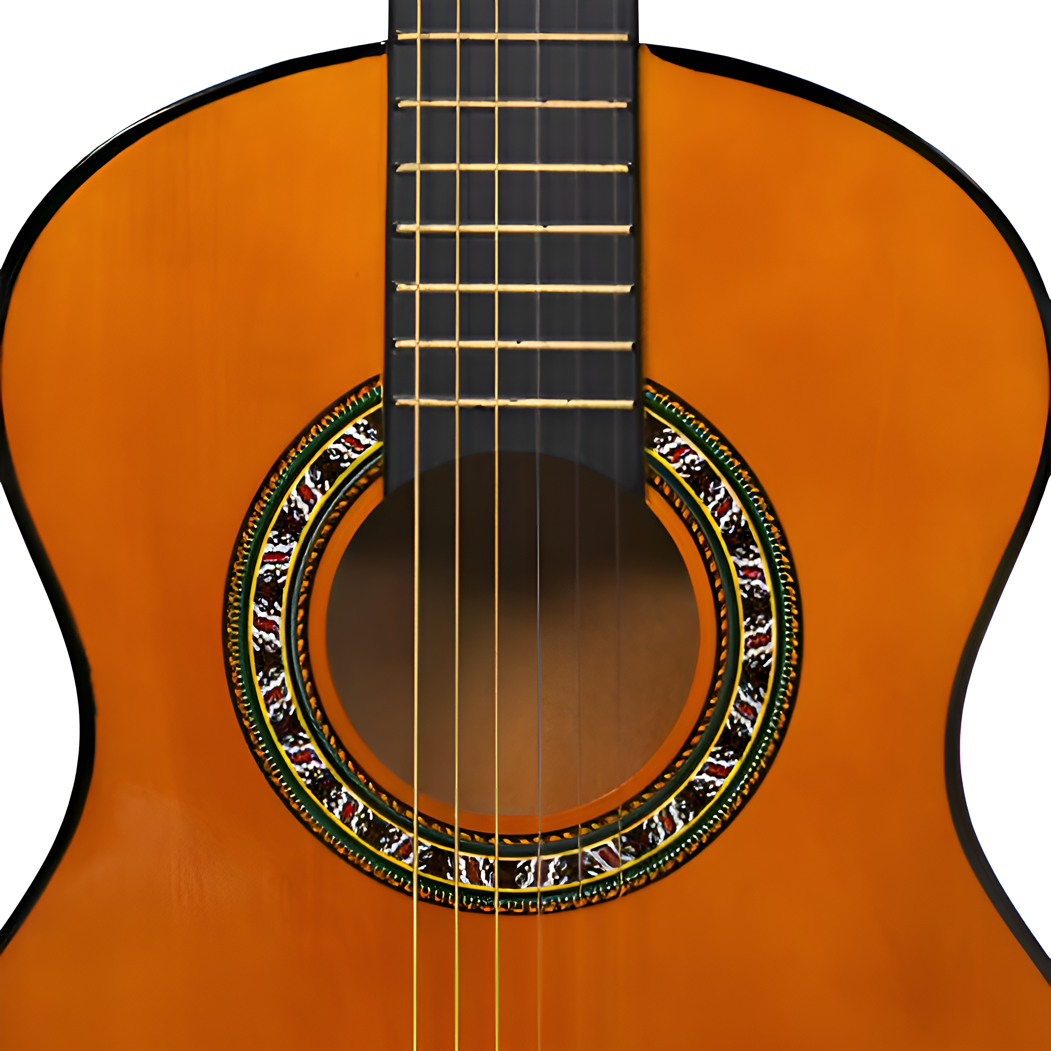 Nahaufnahme des Korpus und Schalllochs einer braunen Akustikgitarre mit detailliertem Rosettendesign.