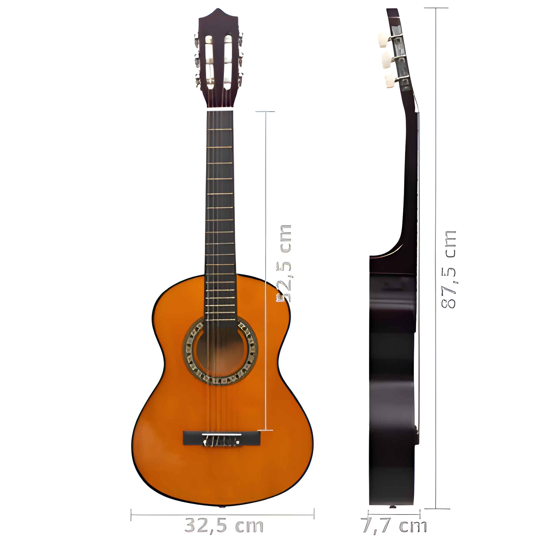 Eine braune Akustikgitarre mit Abmessungen in Zentimetern.