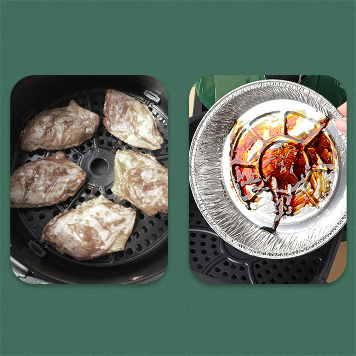 Zwei Bilder: Chicken Wings im Airfryer und Sauce in einer Aluschale. Grüner Hintergrund.