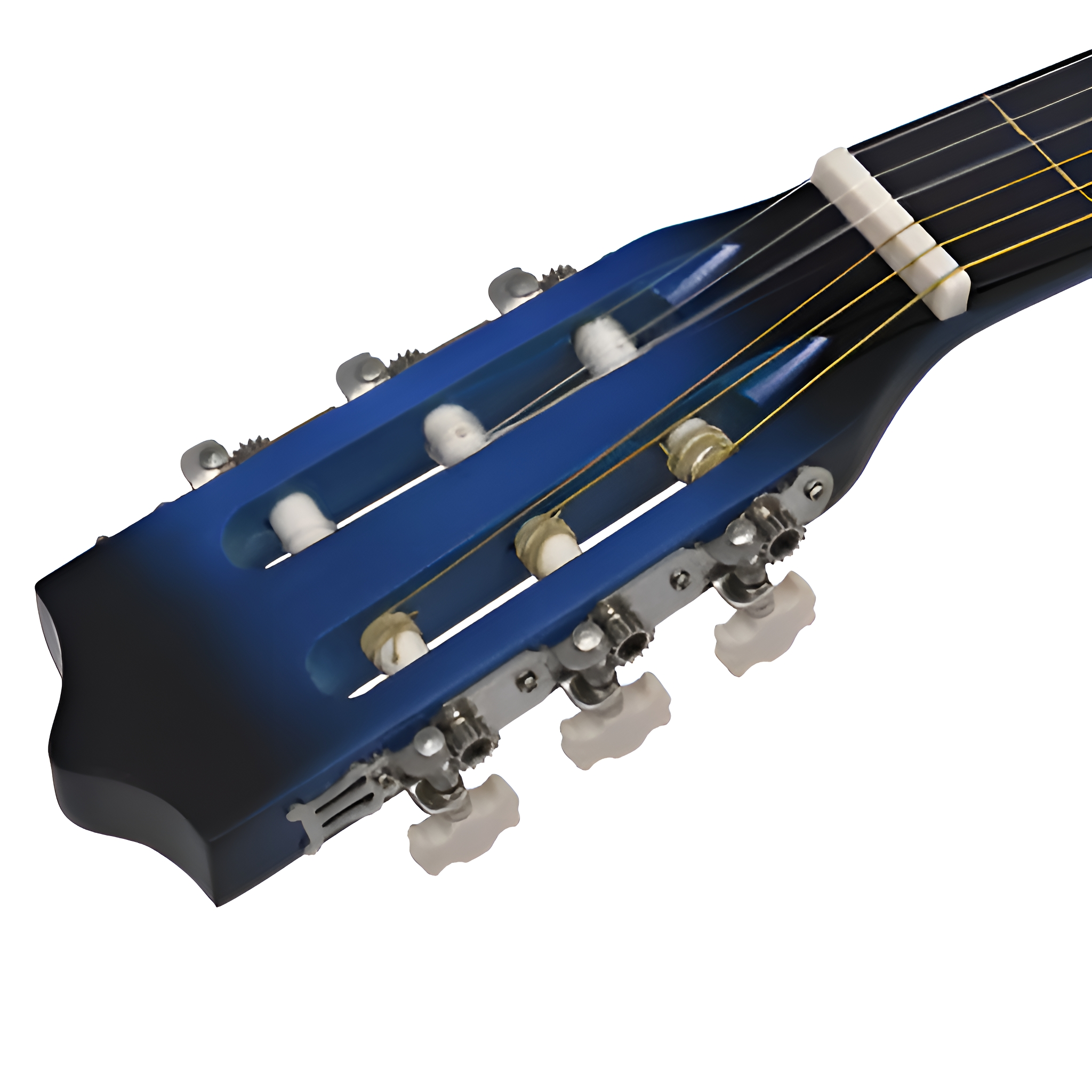 Nahaufnahme einer Gitarrenkopfplatte, blau und schwarz, mit Stimmwirbeln und Saiten sichtbar.