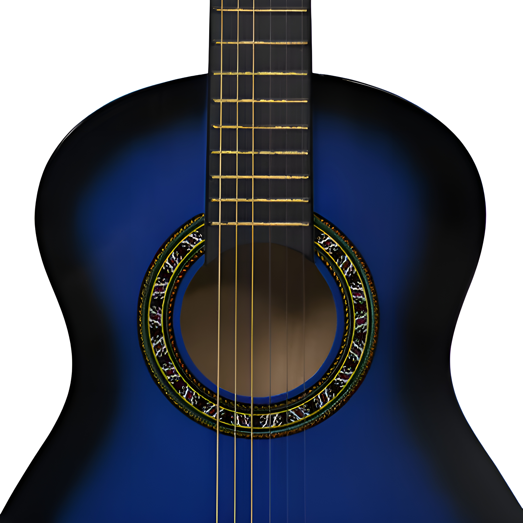 Nahaufnahme einer blauen Akustikgitarre. Das Schallloch ist sichtbar. Weißer Hintergrund.