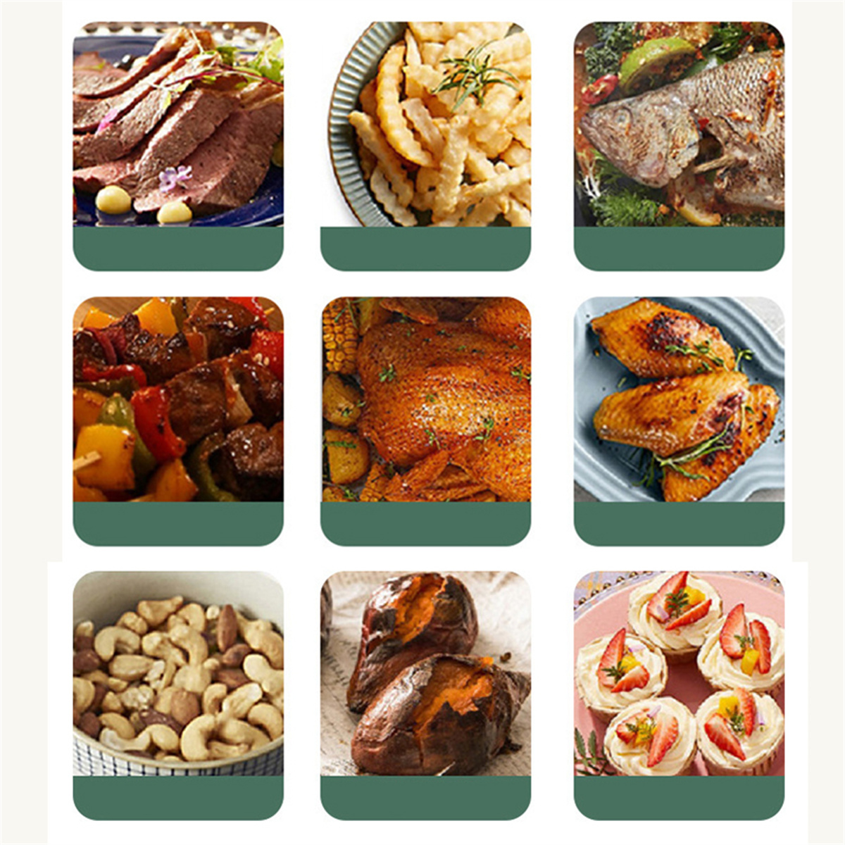 Neun Essteller. Steak, Pommes, Fisch, Kebabs, Huhn, Flügel, Nüsse, Ofenkartoffeln und Desserts.